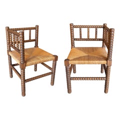 Spanish Pair of Corner Chairs in Turned Wood and Bulrush Seat