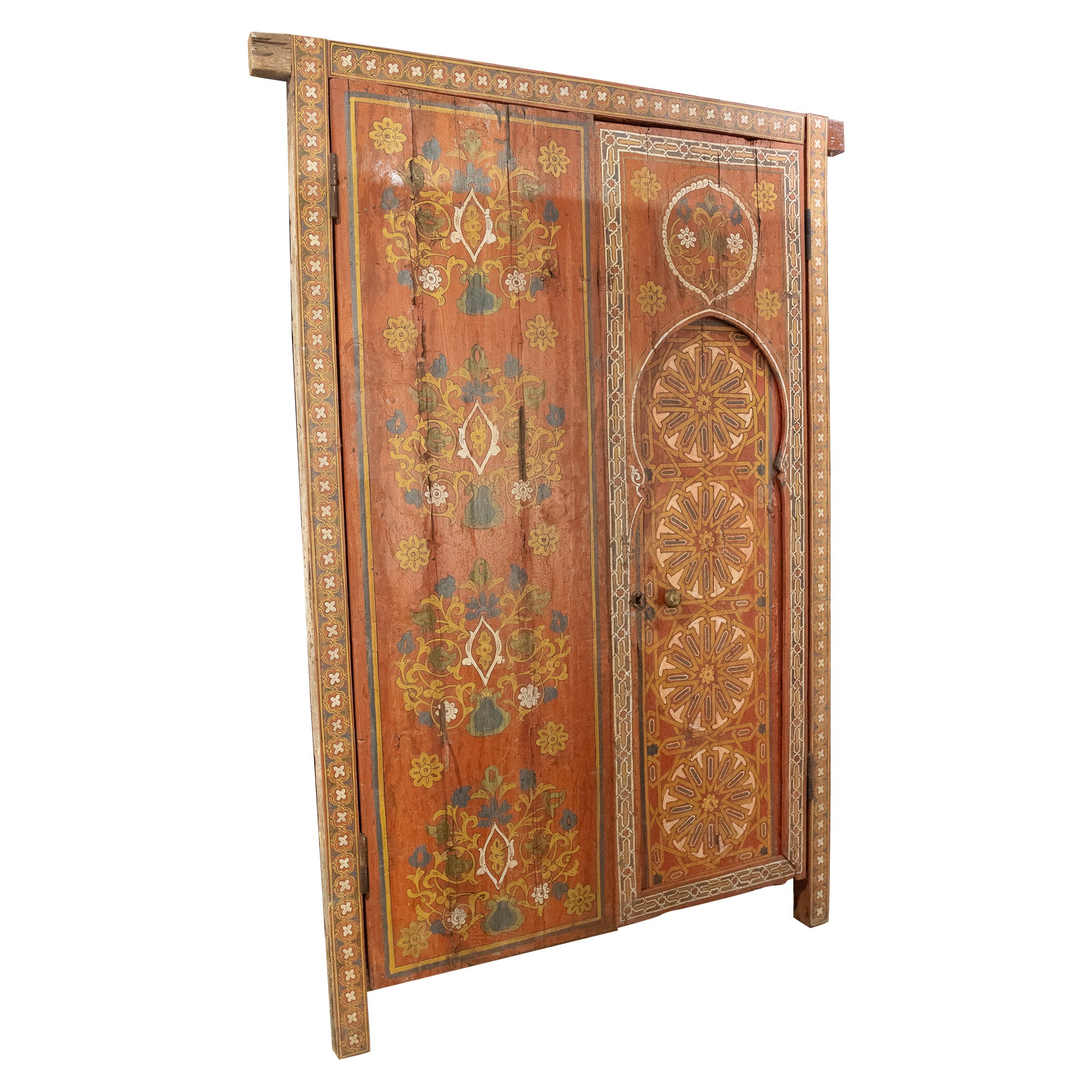 Moroccan Hand-Painted Wooden Door with Flower and Geometric Decoration For Sale