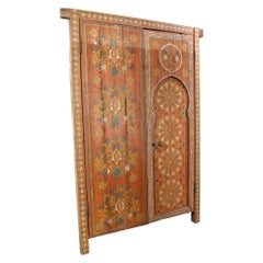 Used Moroccan Hand-Painted Wooden Door with Flower and Geometric Decoration