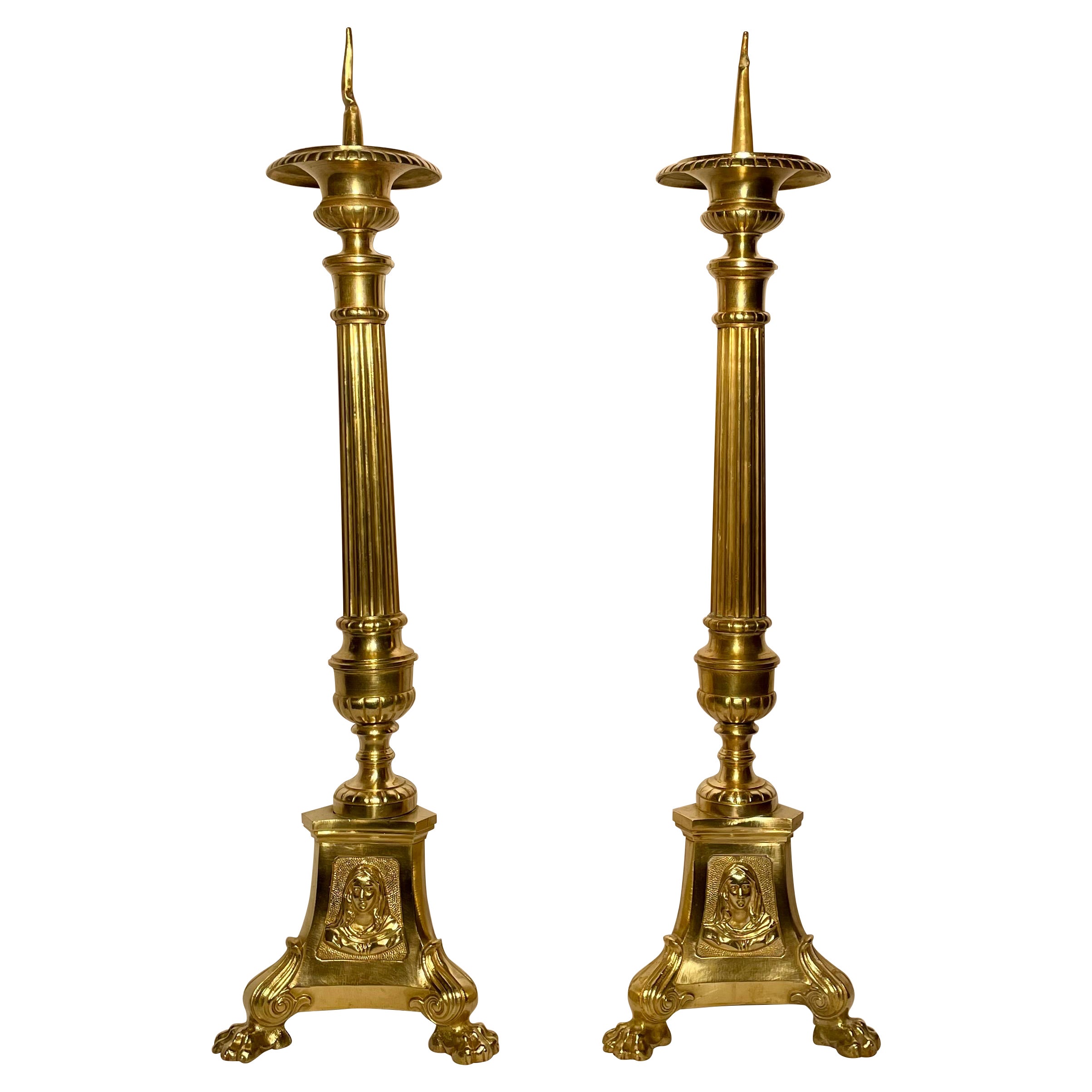 Pair Antique Early 19th Century English Brass Old Gothic Church Candles. For Sale
