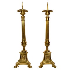 Pair Used Early 19th Century English Brass Old Gothic Church Candles.