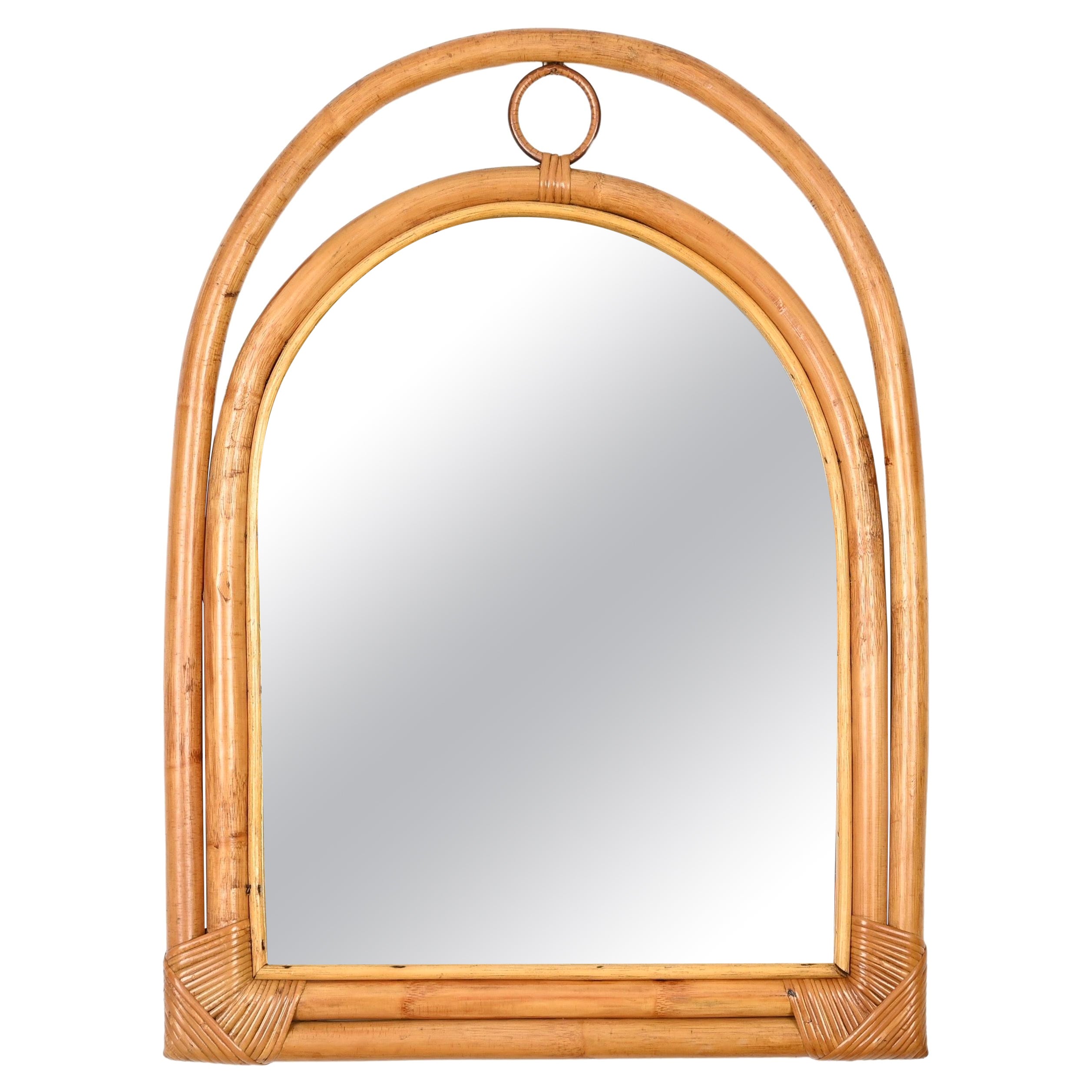 French Riviera Arch Mirror with Double Bamboo and Rattan Frame, Italy, 1970s For Sale