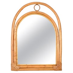 Vintage French Riviera Arch Mirror with Double Bamboo and Rattan Frame, Italy, 1970s