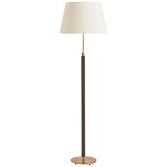 Vintage Brown Leather and Brass Floor Lamp