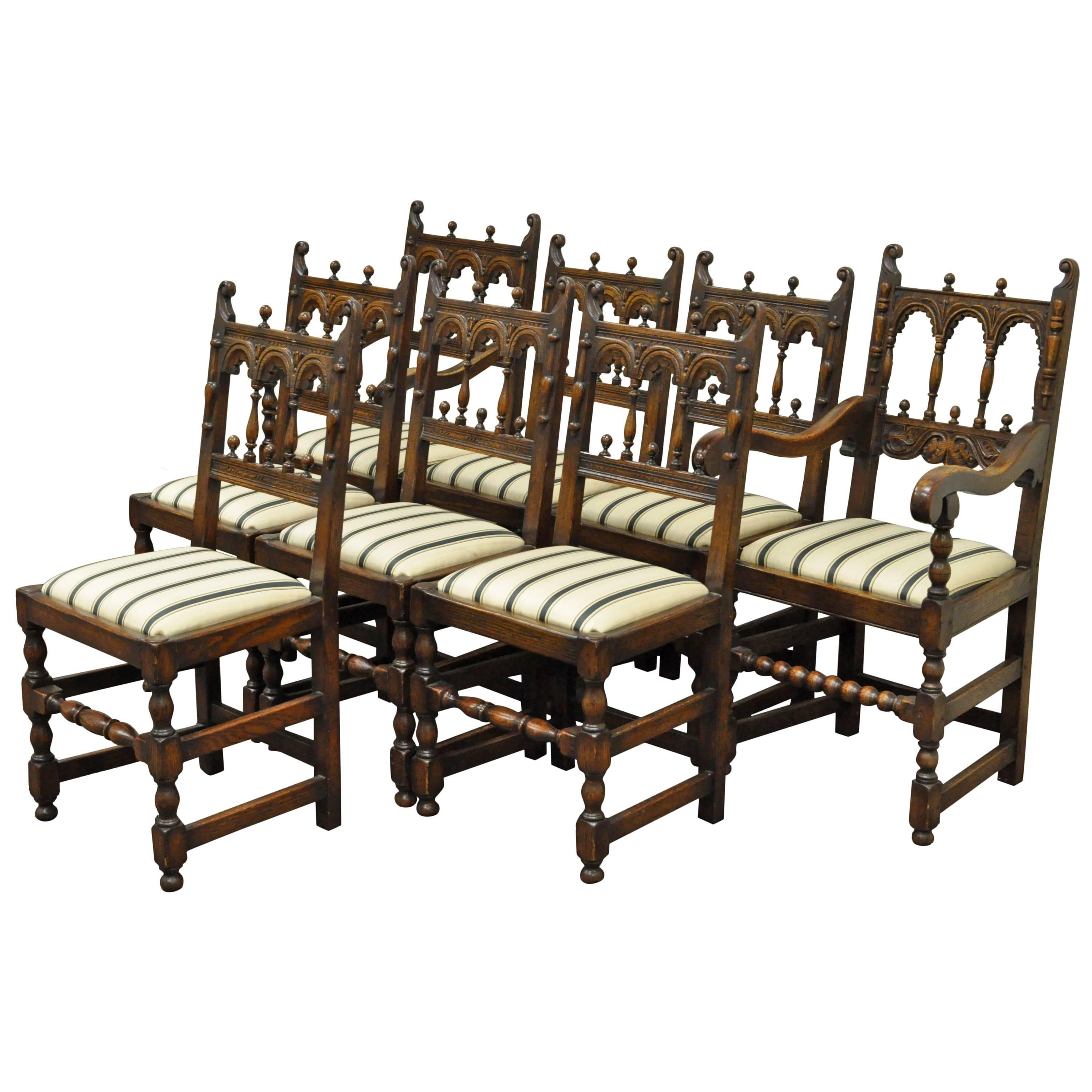 Set of Eight Solid Carved Oak 1930s Jacobean or Gothic Style Dining Room Chairs