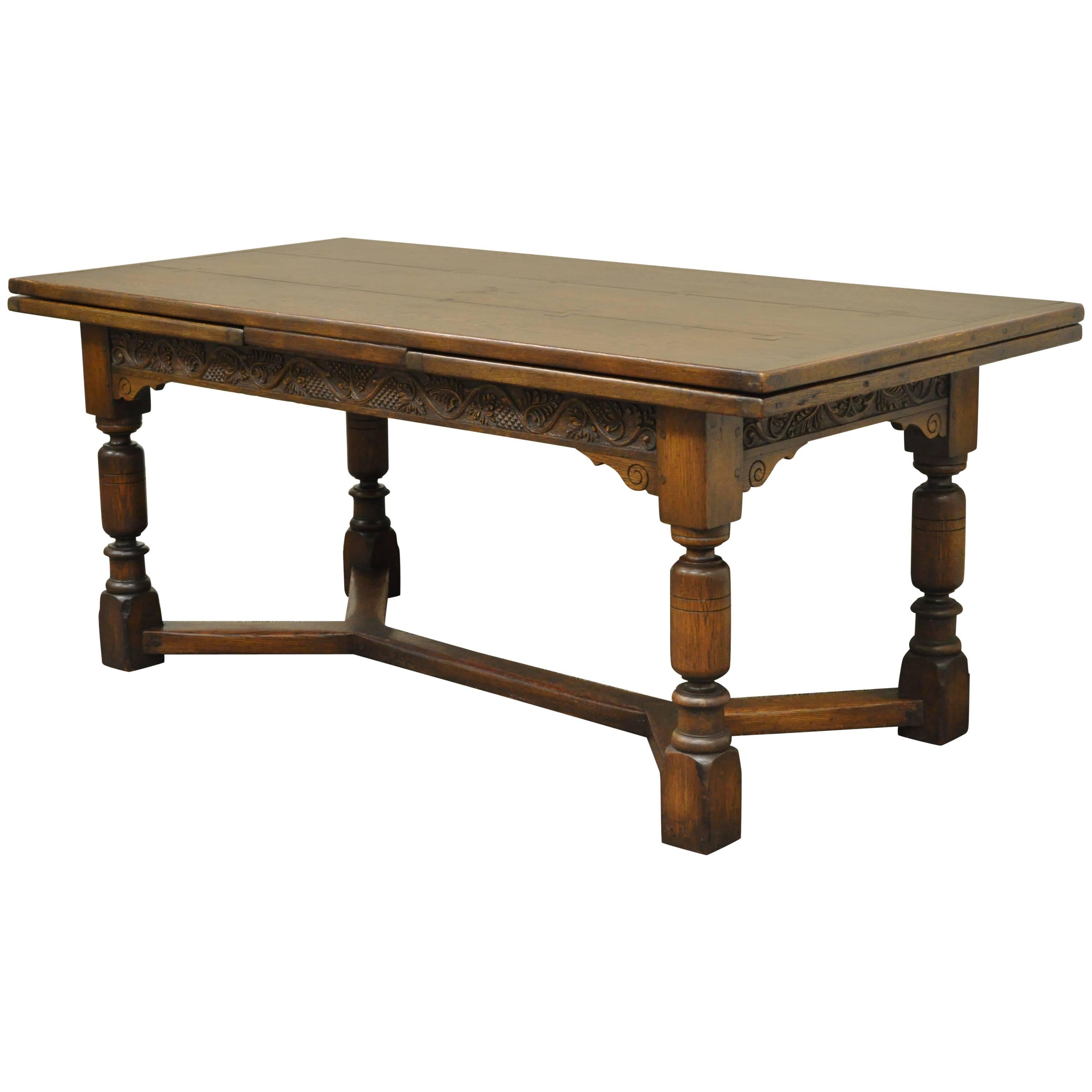 1930s Solid Carved Oak Jacobean Style Refectory Extension Plank Dining Table