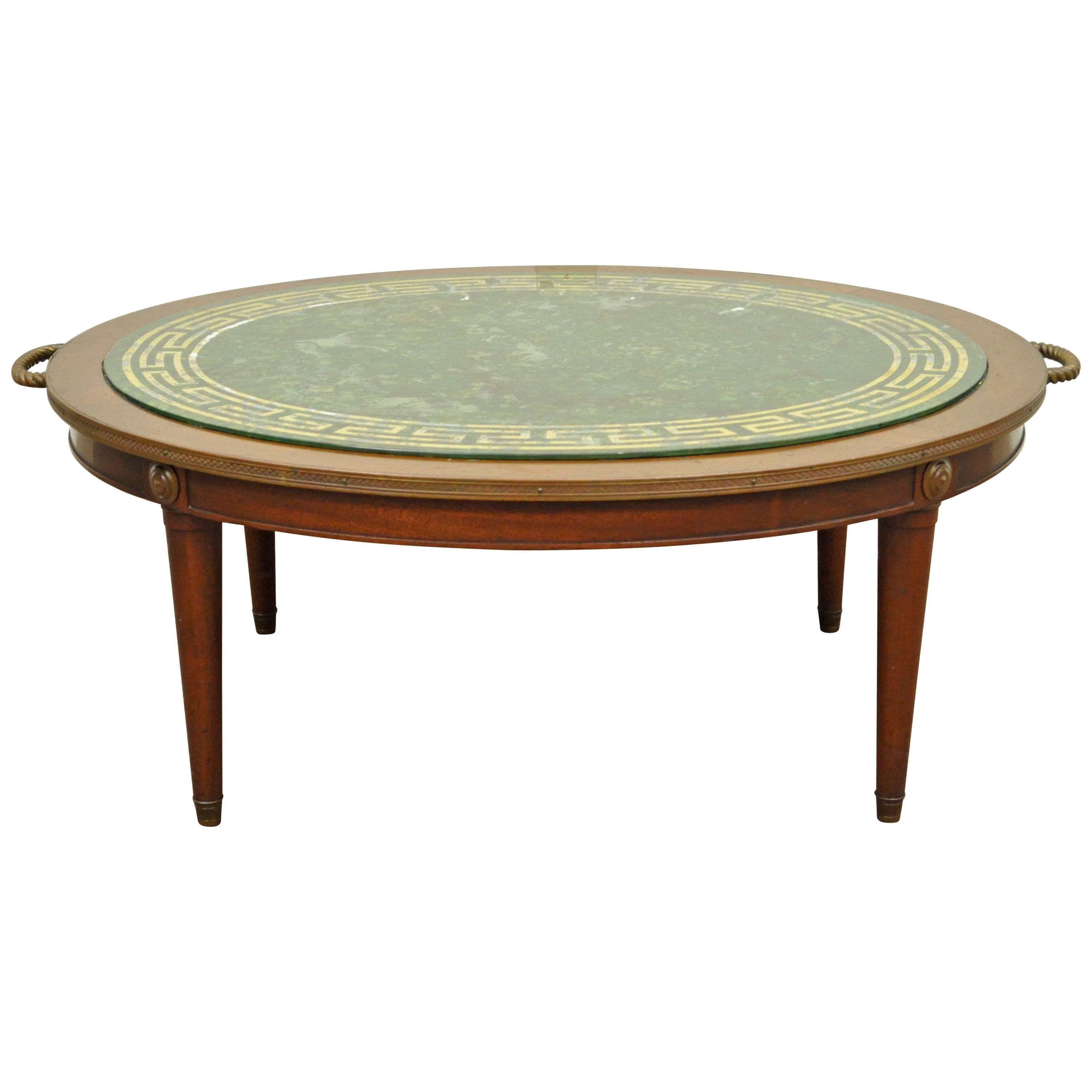Vintage Greek Key Reverse Decorated Glass and Mahogany Coffee Table For Sale
