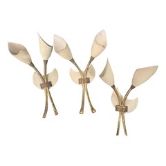 Three Brass and ivory lacquered metal wall sconces 1960s Stilnovo style