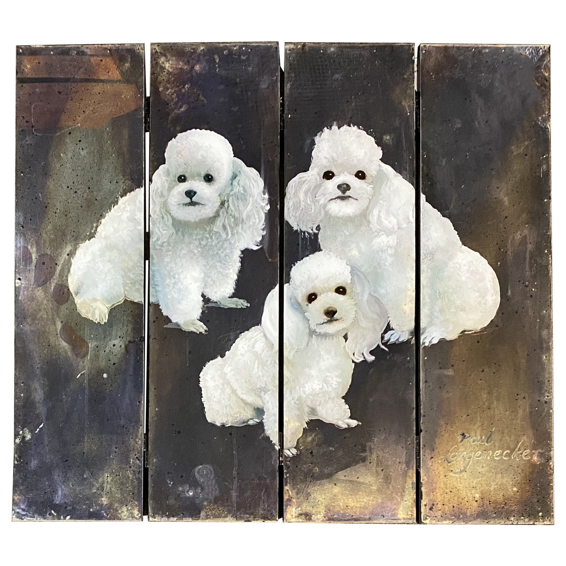 Paul Longenecker Oil Painting on Mirrored Folding Screen of 3 Miniature Dogs For Sale