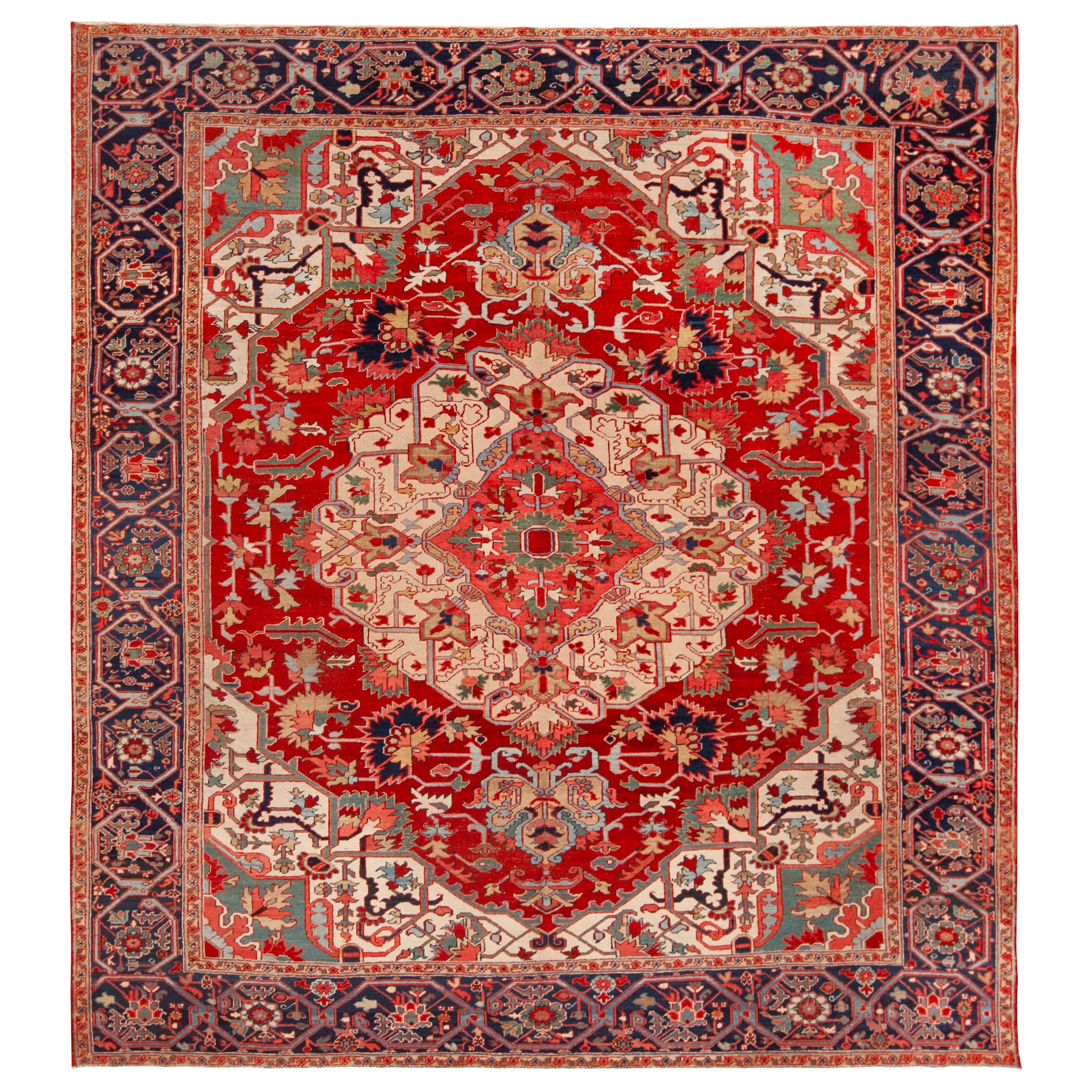 Époustouflant tapis persan Serapi carré ancien de 9'1" x 9'9"
