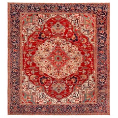 Époustouflant tapis persan Serapi carré ancien de 9'1" x 9'9"