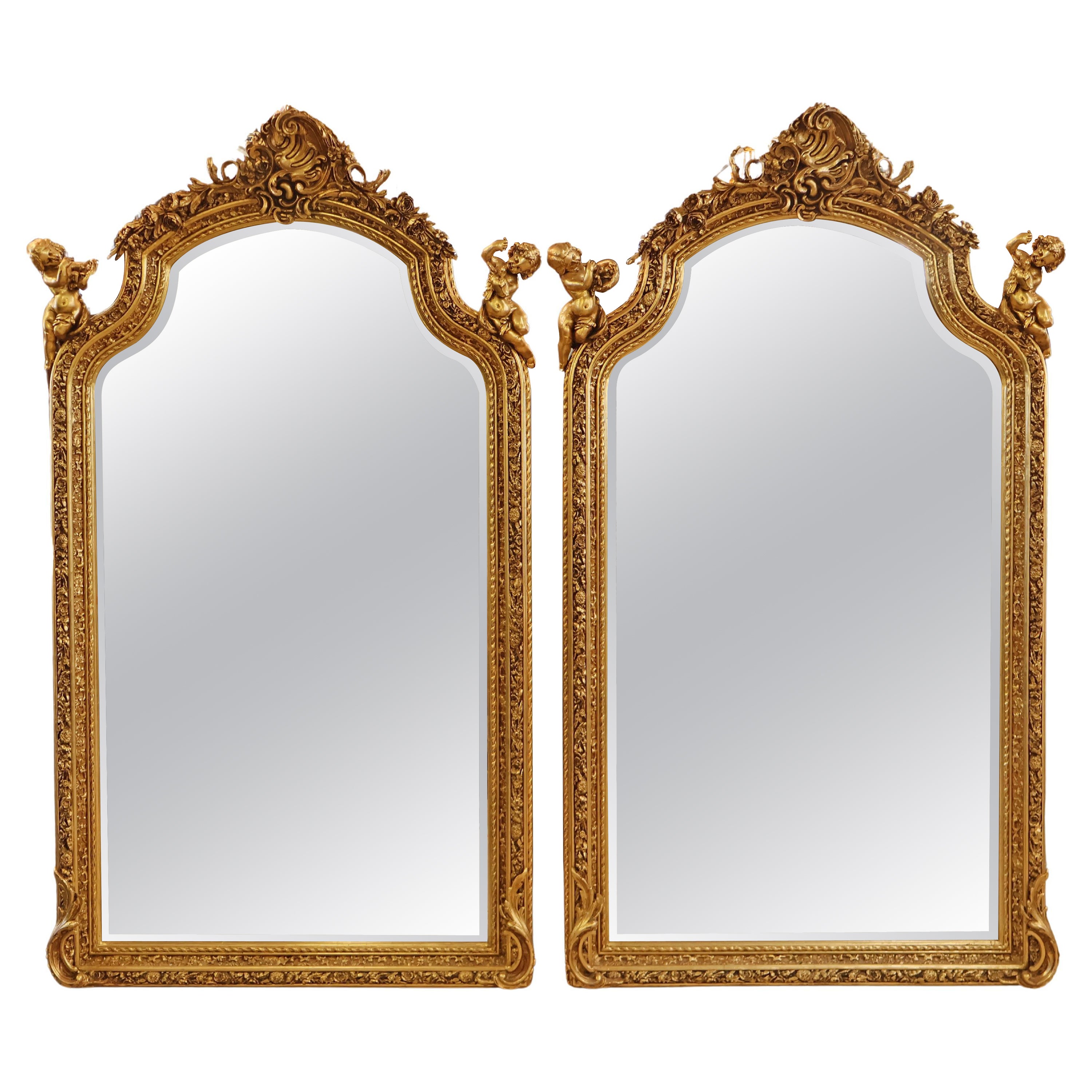 Pair of Monumental Gold Gil Louis XVI French Style Cherub Putti Beveled Mirrors  For Sale