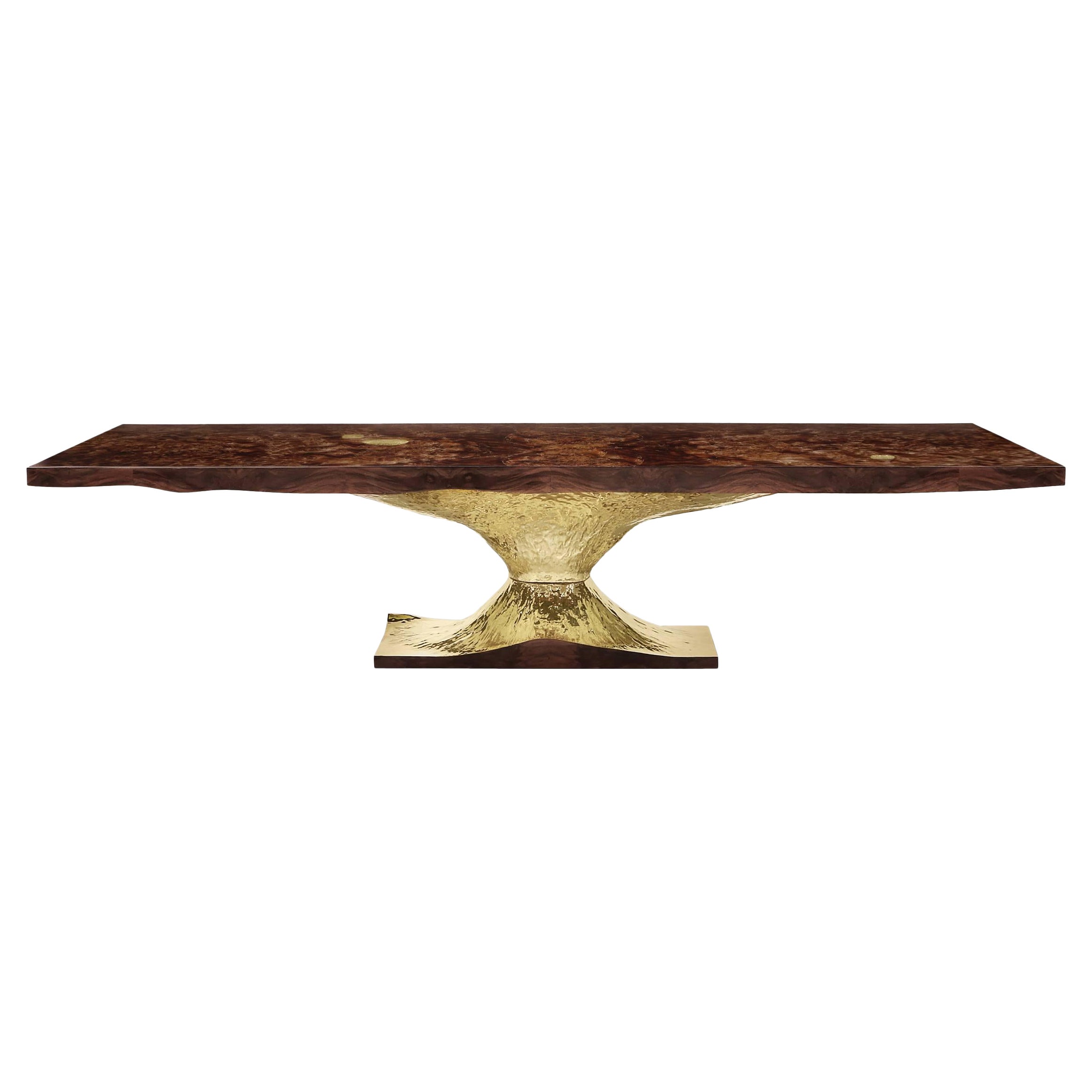 Gold Tree Dining Table with Walnut Root Top Polished Brass Base For Sale