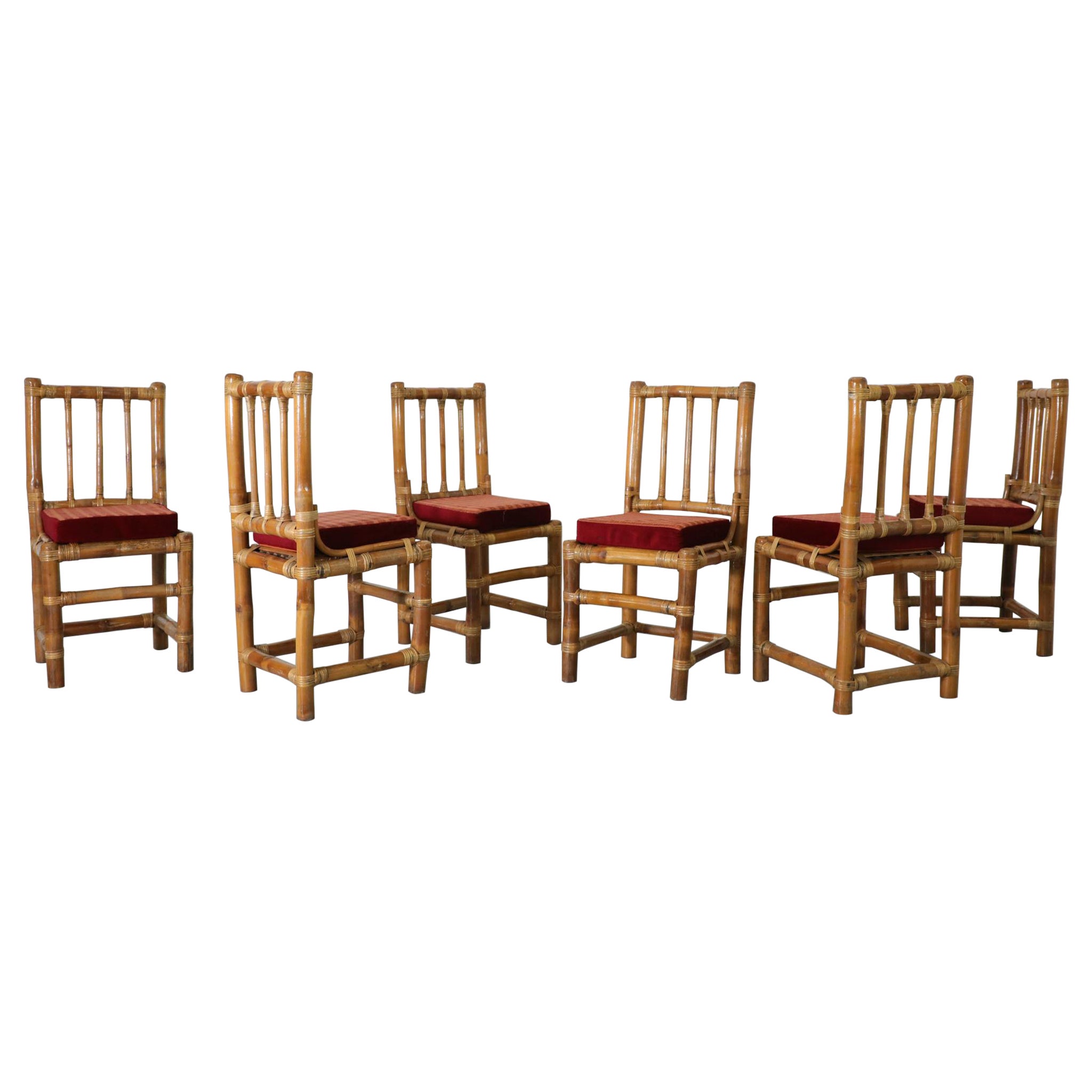 Ensemble de 6 chaises de salle à manger en bambou de style tropicaliste du milieu du siècle dernier en vente