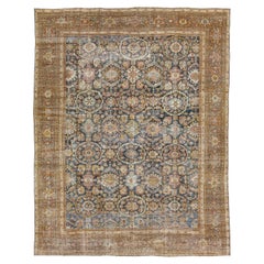 Vintage Floral Designed Persian Mahal Wool Rug Handmade In Blue