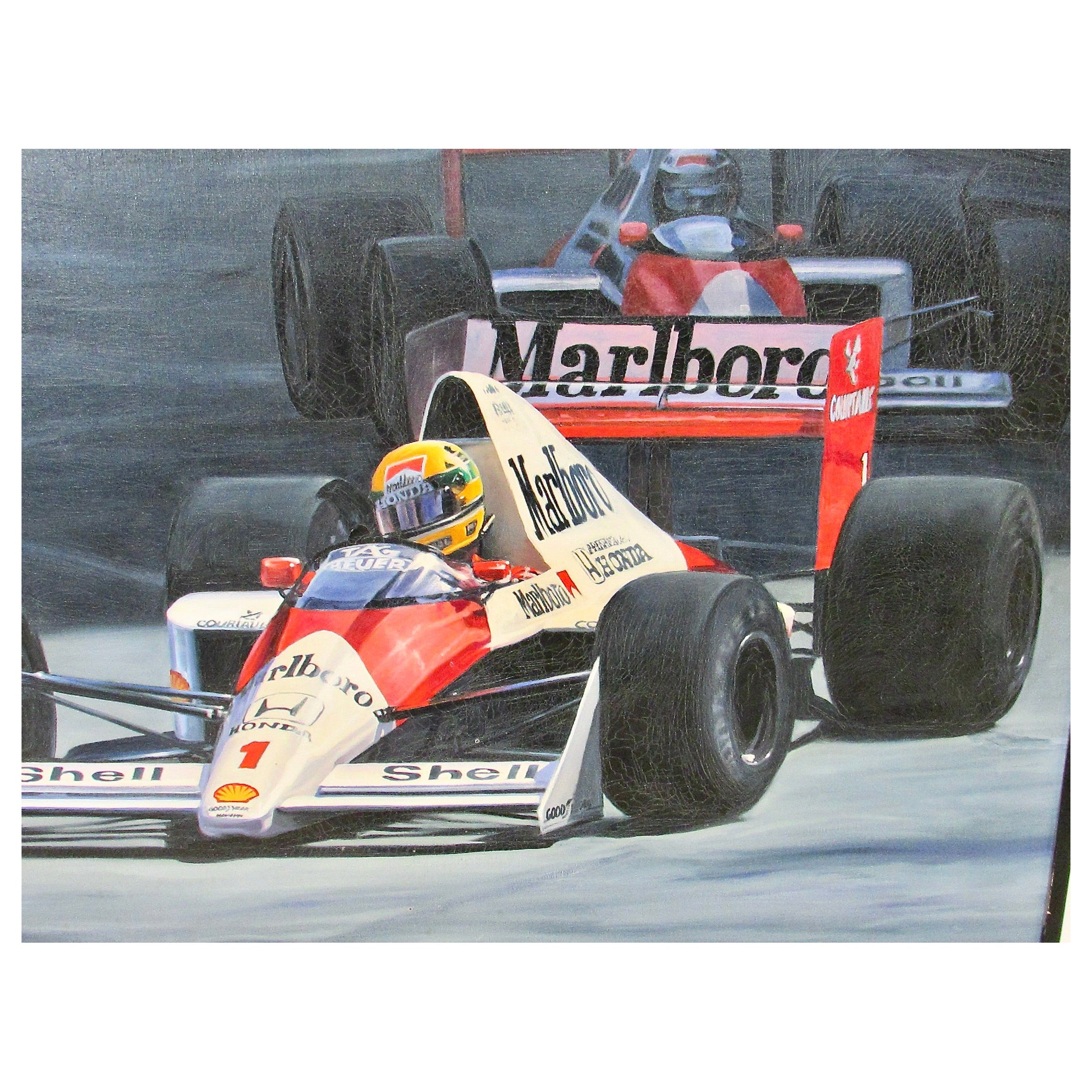 Acrylic on Canvas Painting Ayrton Senna Formula One McClaren Marlboro Race car For Sale