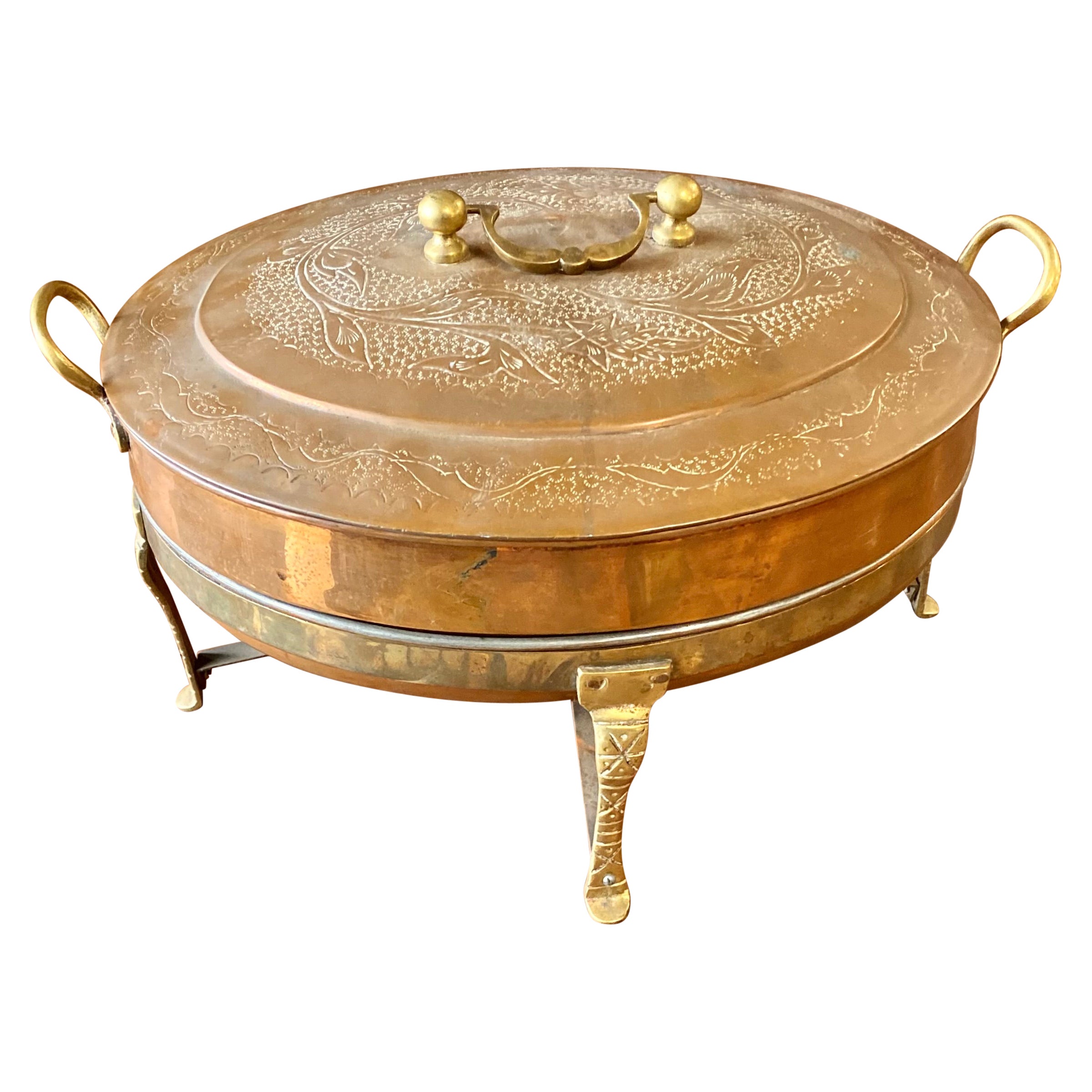 Vintage Engraved Copper and Brass Tin Lined Chafing Dish  For Sale
