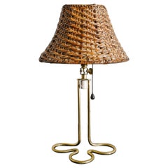 Mauri Almari Mid Century Brass Rattan Table Lamp Produced by Idman Finland 1950s