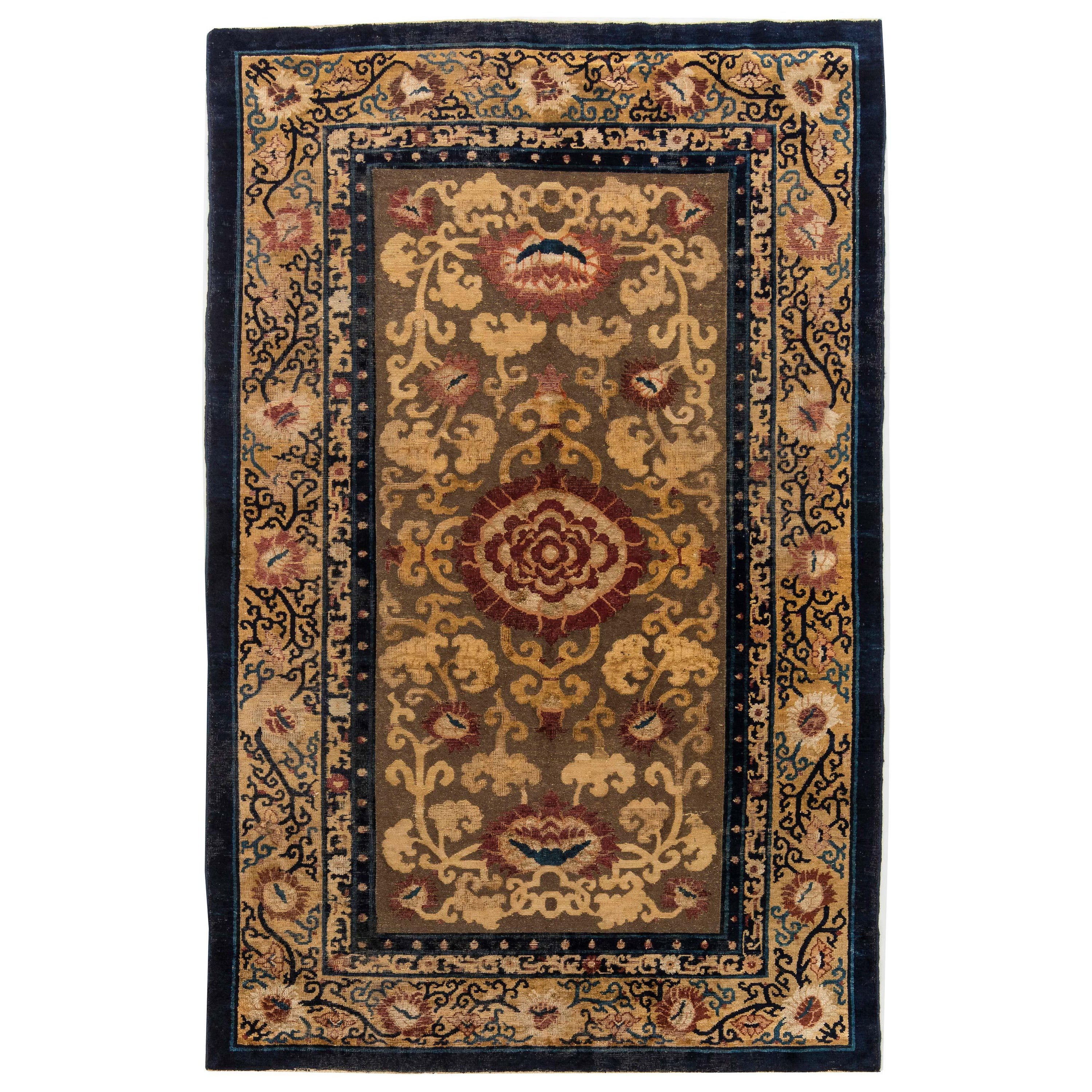 19th Century Chinese Floral Silk Metal Thread Rug For Sale