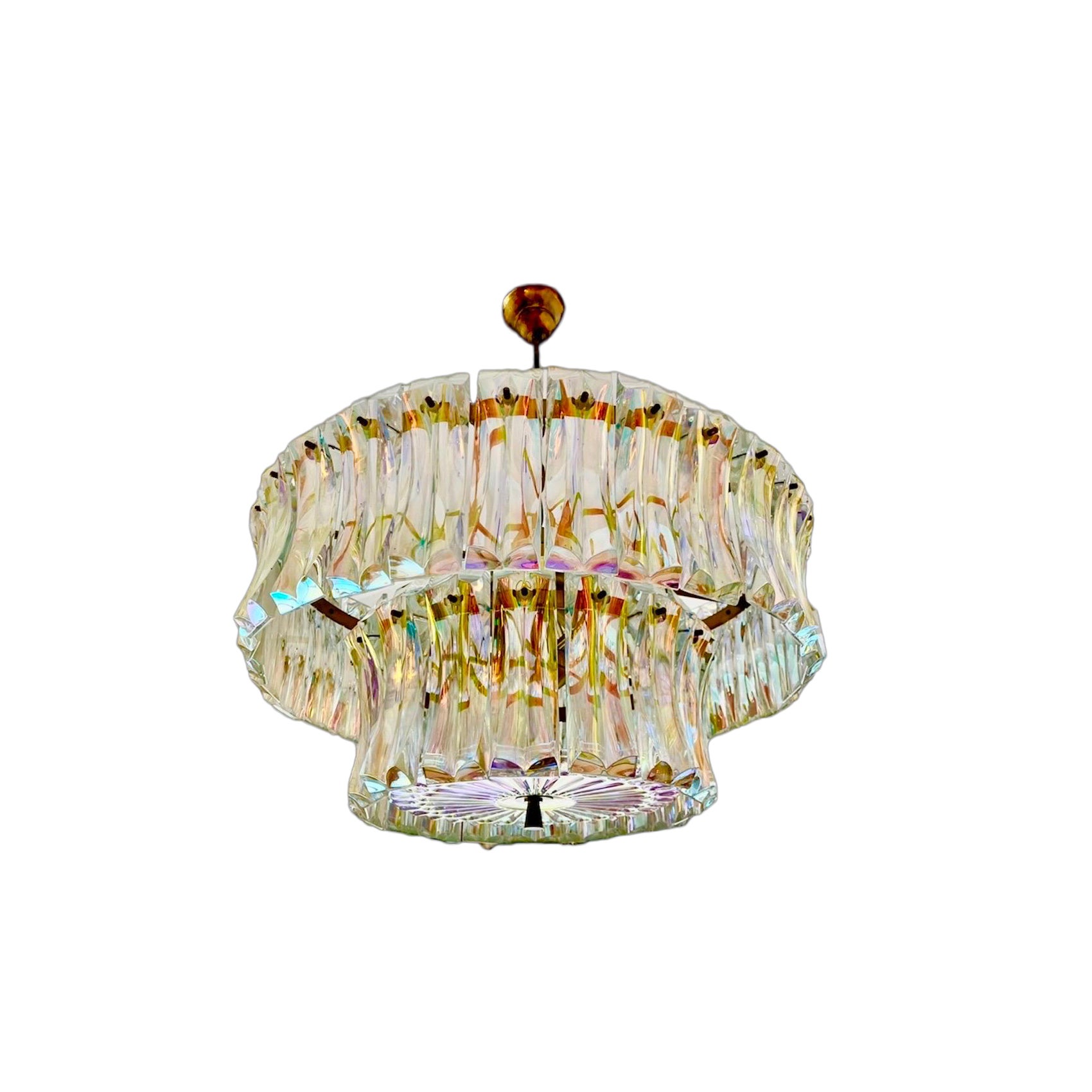 Venini attr Iridescent Glass Murano Chandelier with brass, Italy 1950 For Sale