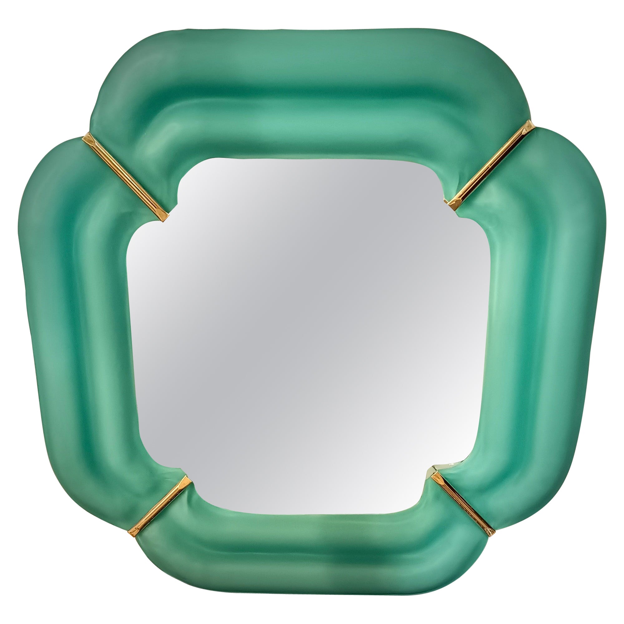 Murano Light Green Glass and Brass Mid-Century Console Wall Mirror, 2000