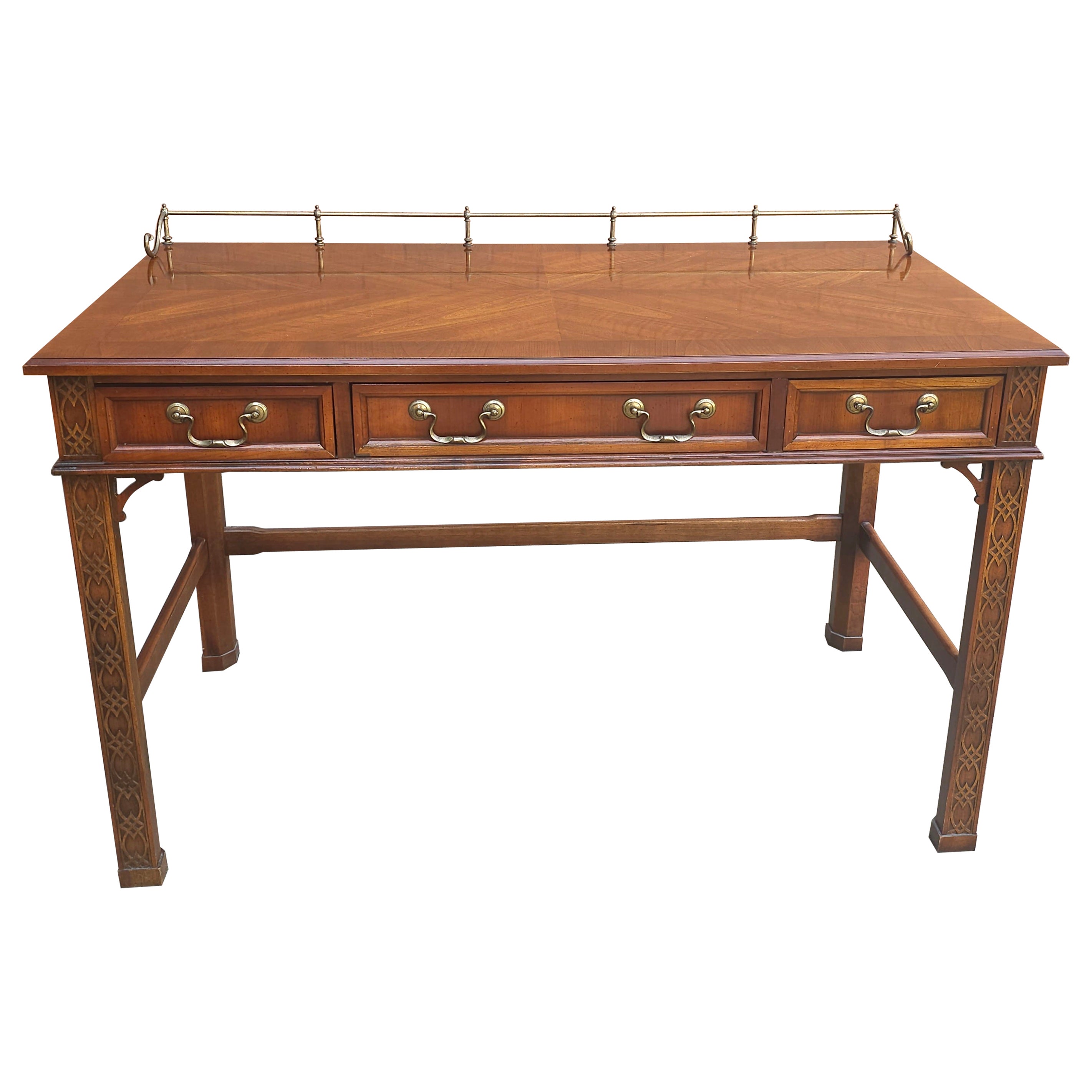 George III Style Blind Fretwork Mahogany Table Desk w/ Gallery For Sale