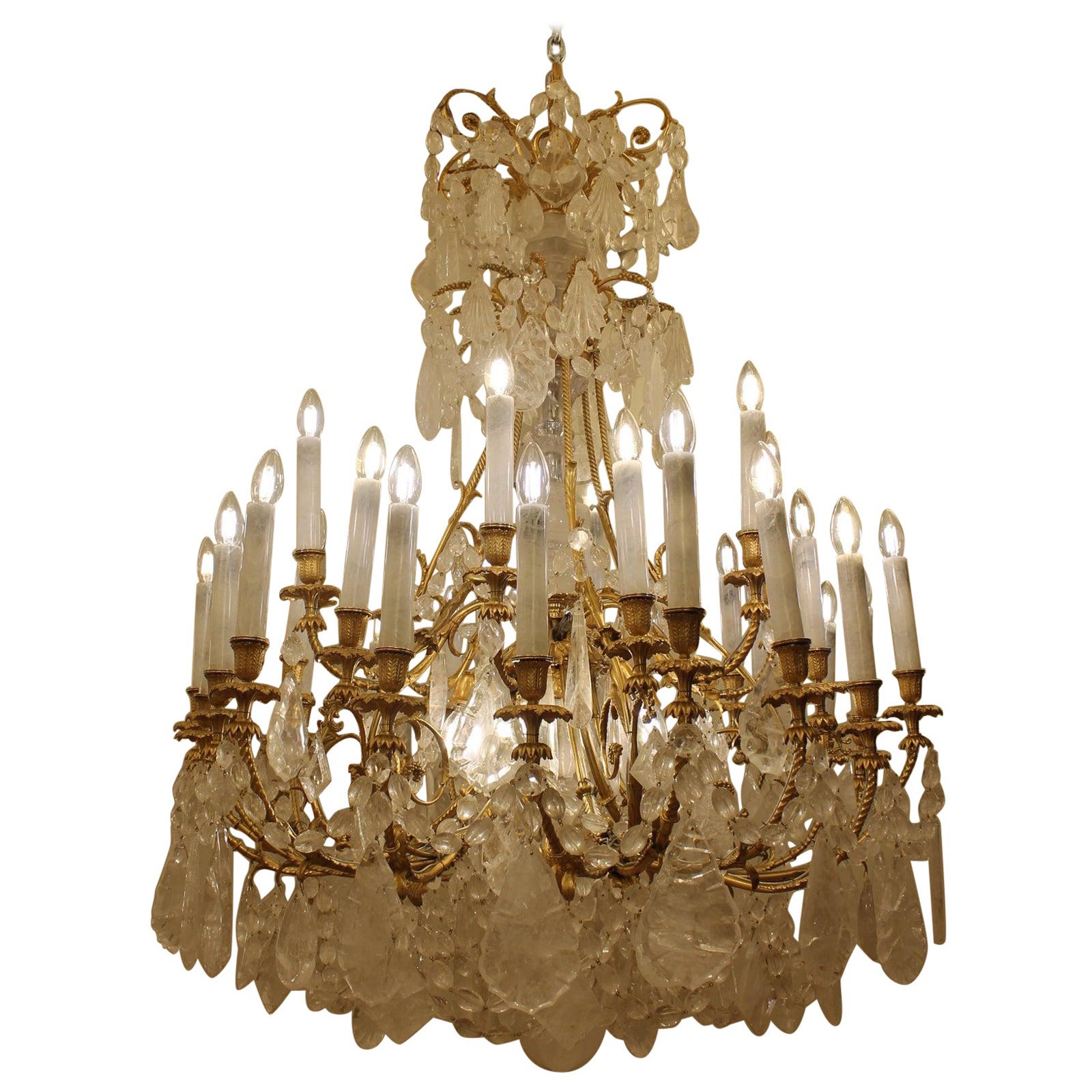 Large beautiful bronze and Rock Crystal French Baccarat chandelier with 36 light For Sale