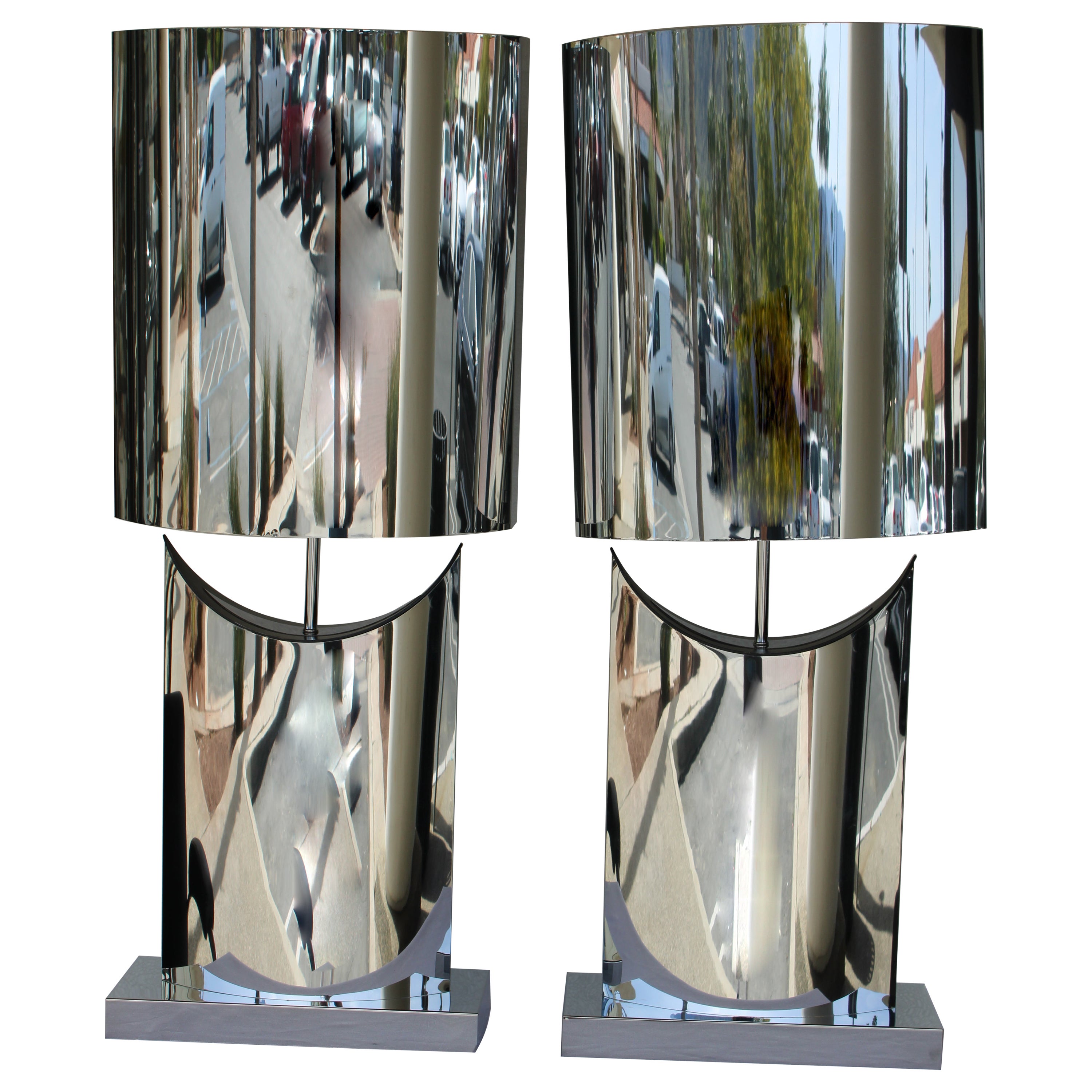 Pair of Curtis Jere Stainless Steel Lamps and Shades For Sale