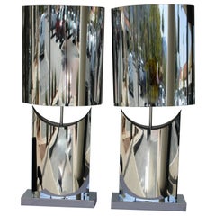 Retro Pair of Curtis Jere Stainless Steel Lamps and Shades