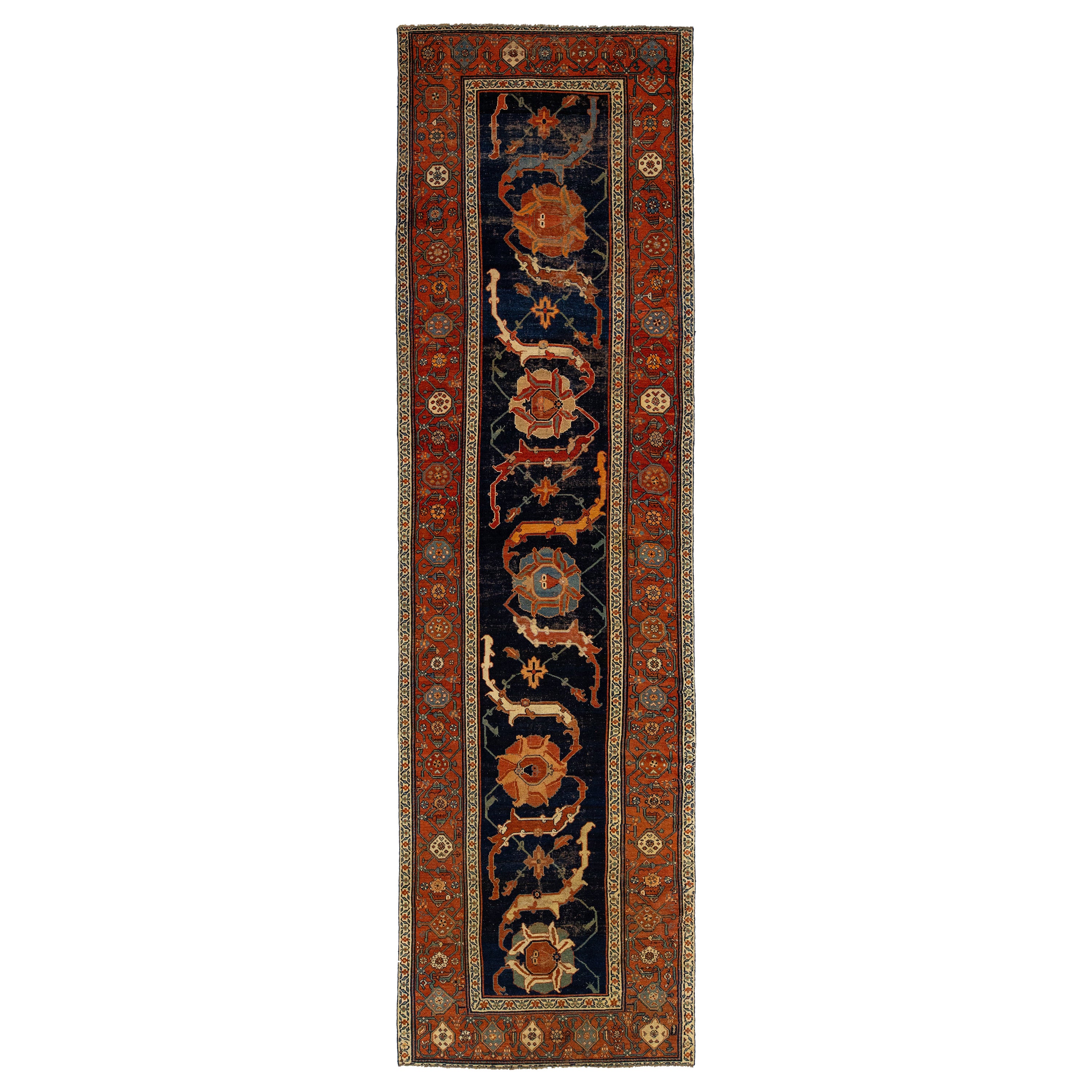 Navy Blue Antique Persian Malayer Wool Runner With Rust Floral Motif For Sale