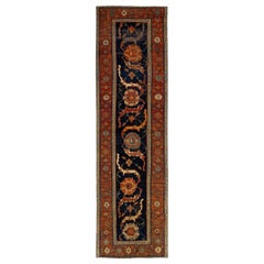 Navy Blue Vintage Persian Malayer Wool Runner With Rust Floral Motif