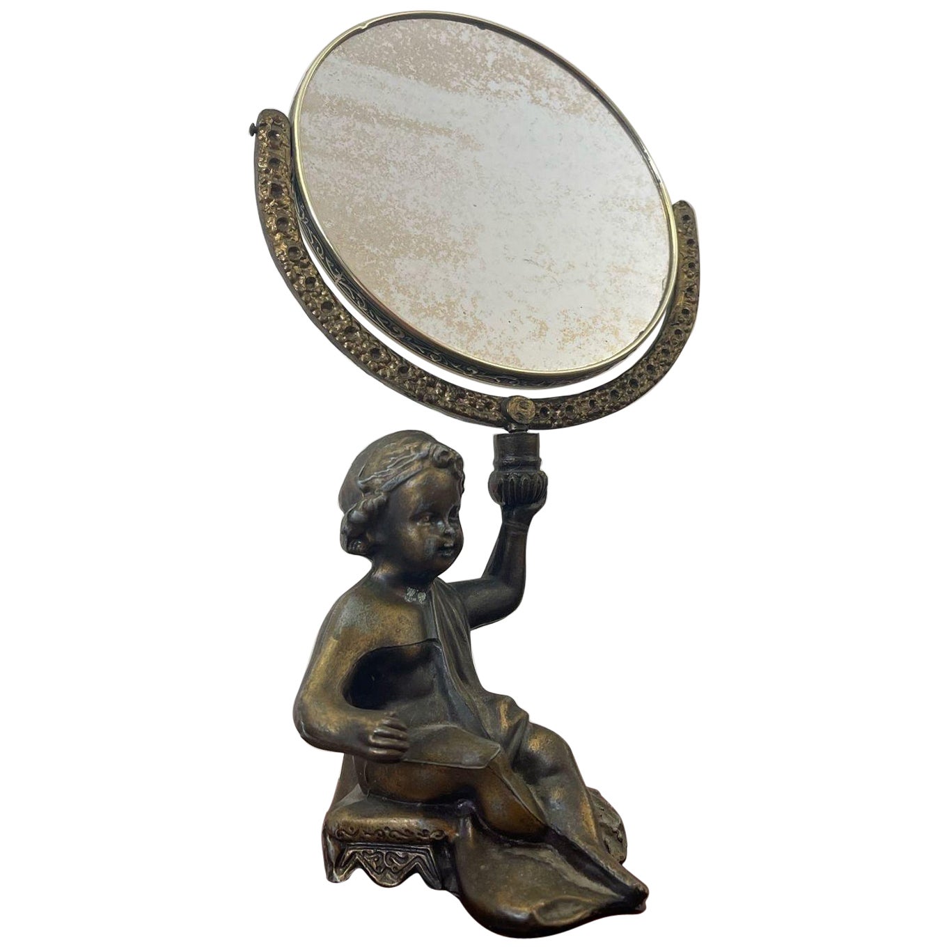 Vintage French Style Double Sided Vanity Mirror With Cherub Sculpture Stand. For Sale