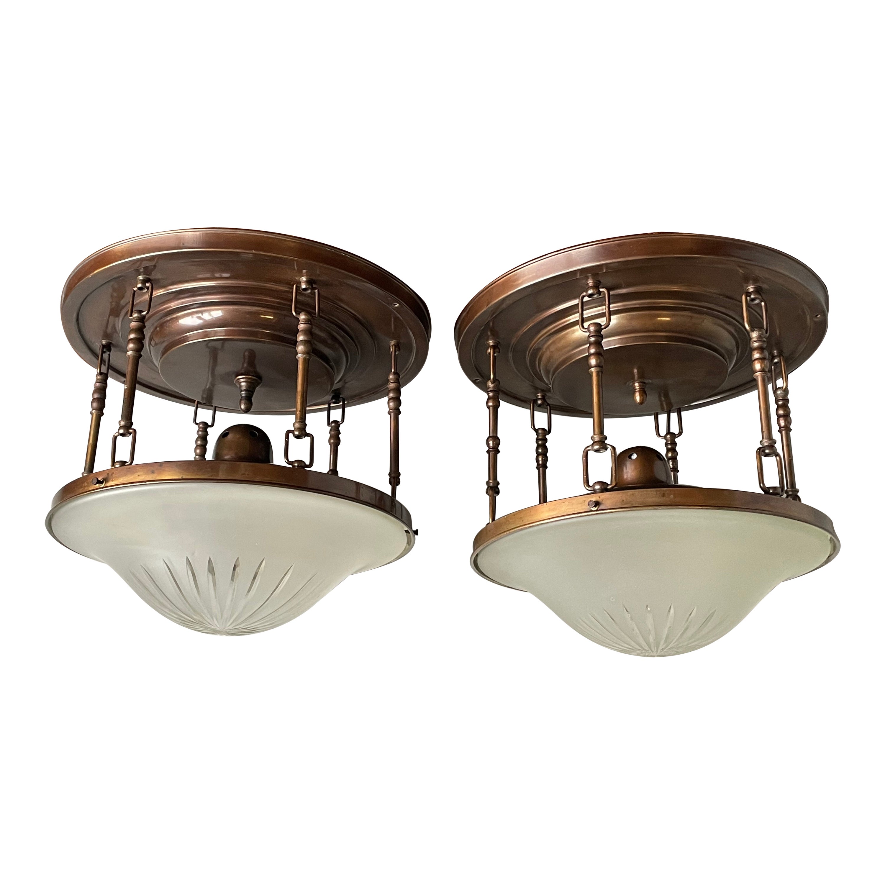Near Pair of Arts & Crafts, Brass and Glass Shades Flush Mounts / Ceiling Lights For Sale