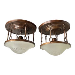 Antique Near Pair of Arts & Crafts, Brass and Glass Shades Flush Mounts / Ceiling Lights