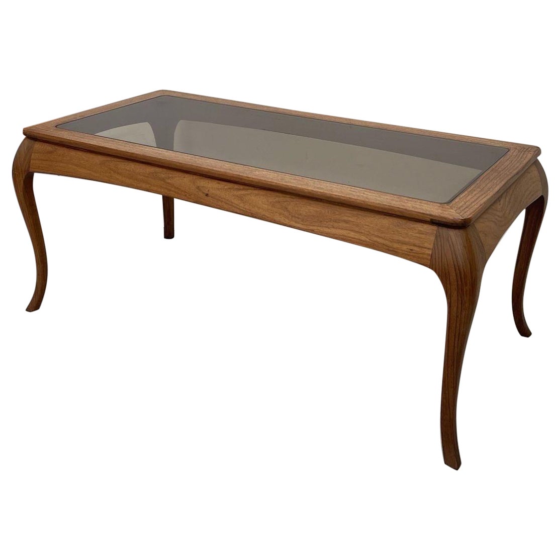 Vintage Wooden Coffee Table With Curved Legs and Smoked Glass Top. For Sale
