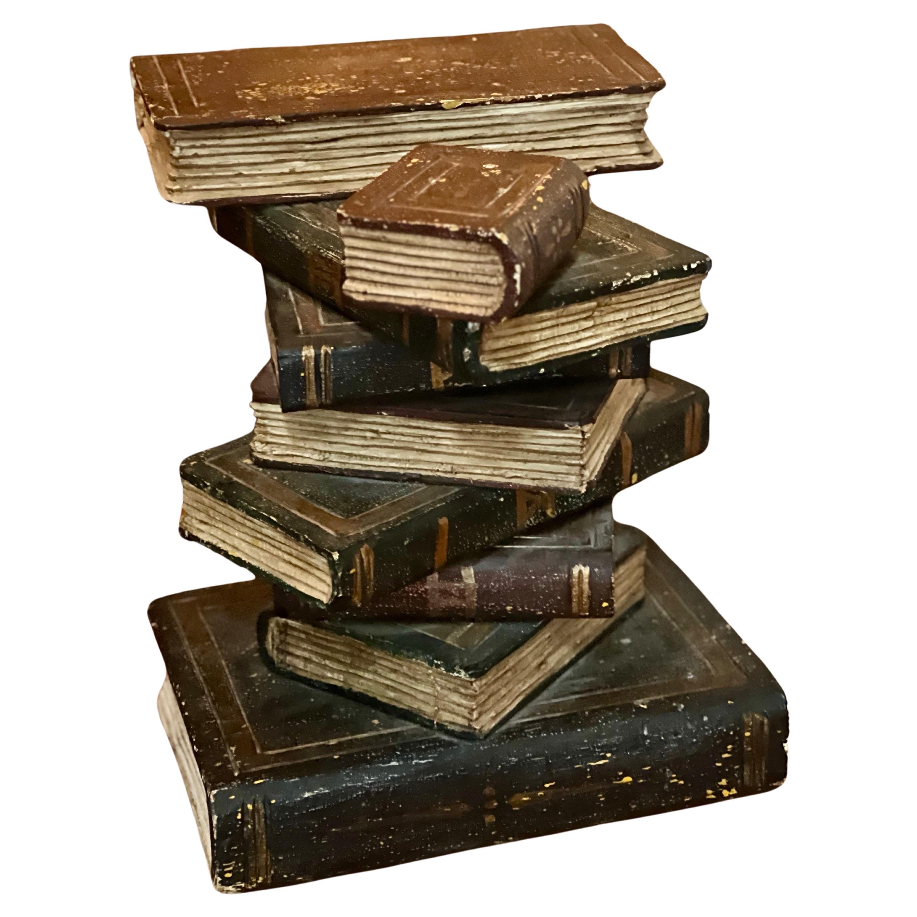 Vintage Faux Stacked Book Sculptural Wood Side Table For Sale