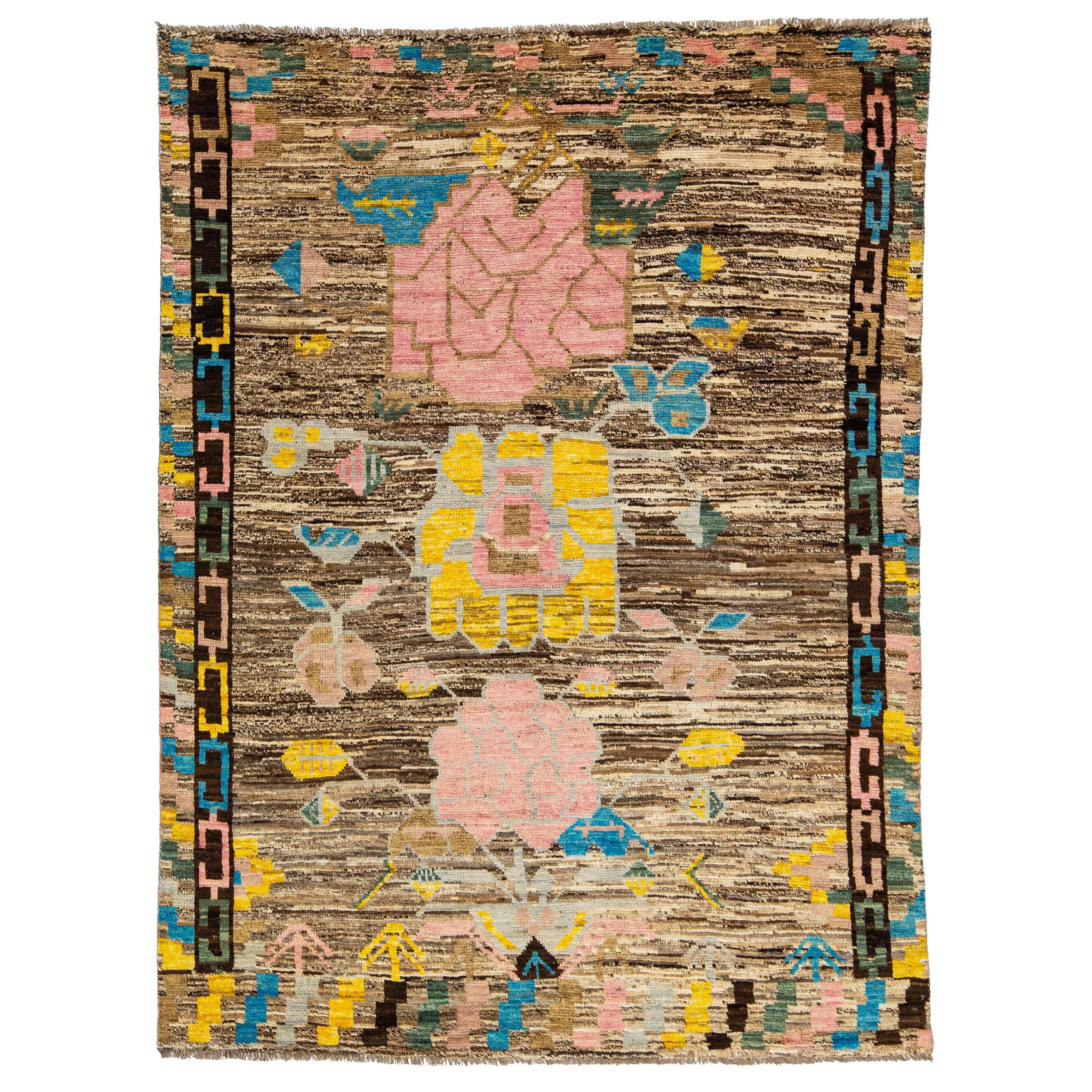Floral Designed Modern Moroccan Style Wool Rug In Brown For Sale
