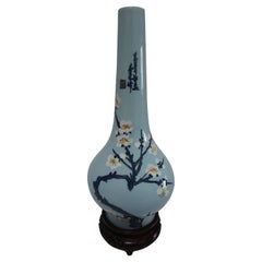 Turquoise Vintage Japanese Ceramic Bulbous Vase on Rosewood Stand