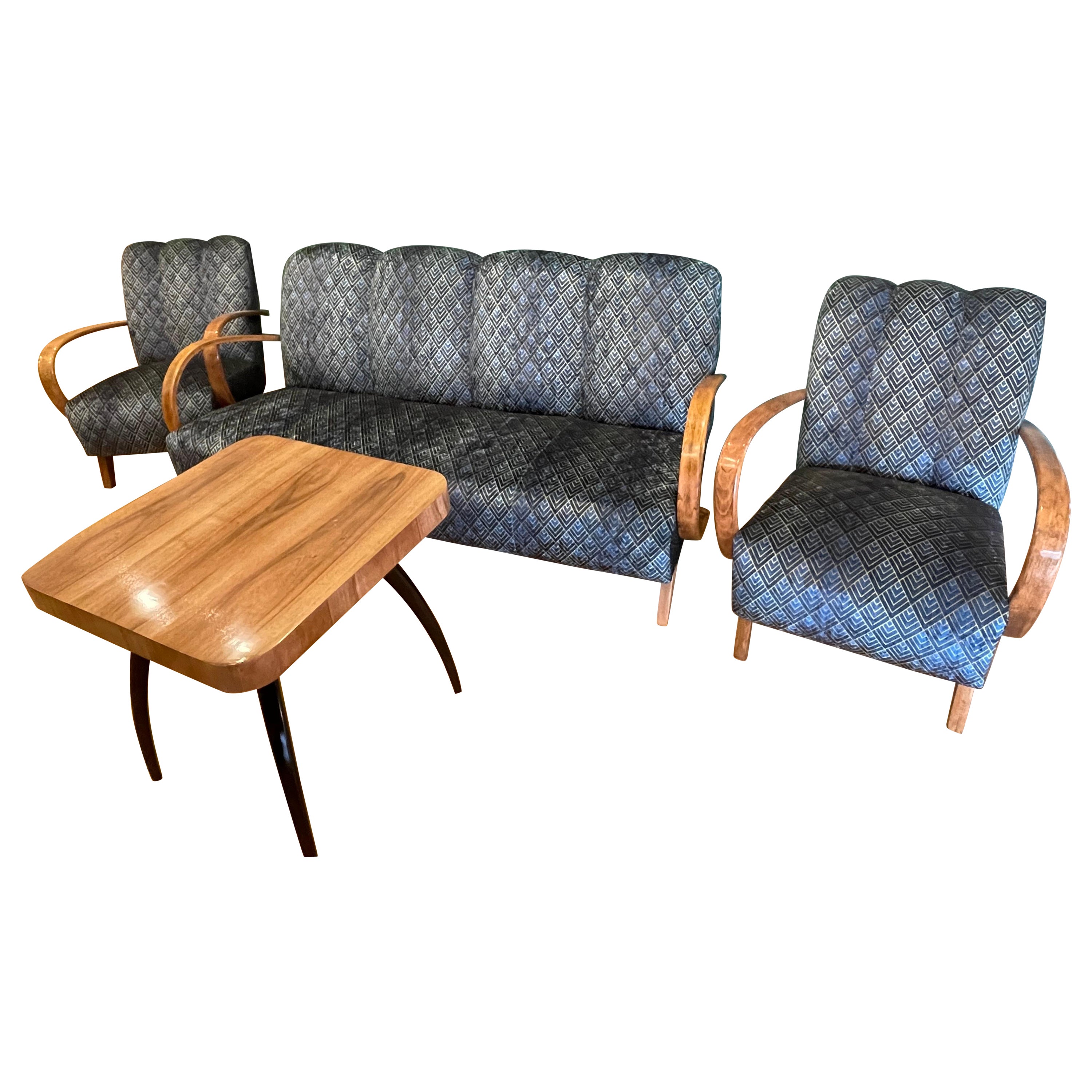 Art Deco J. Halabala Set 2 chairs table with sofa For Sale