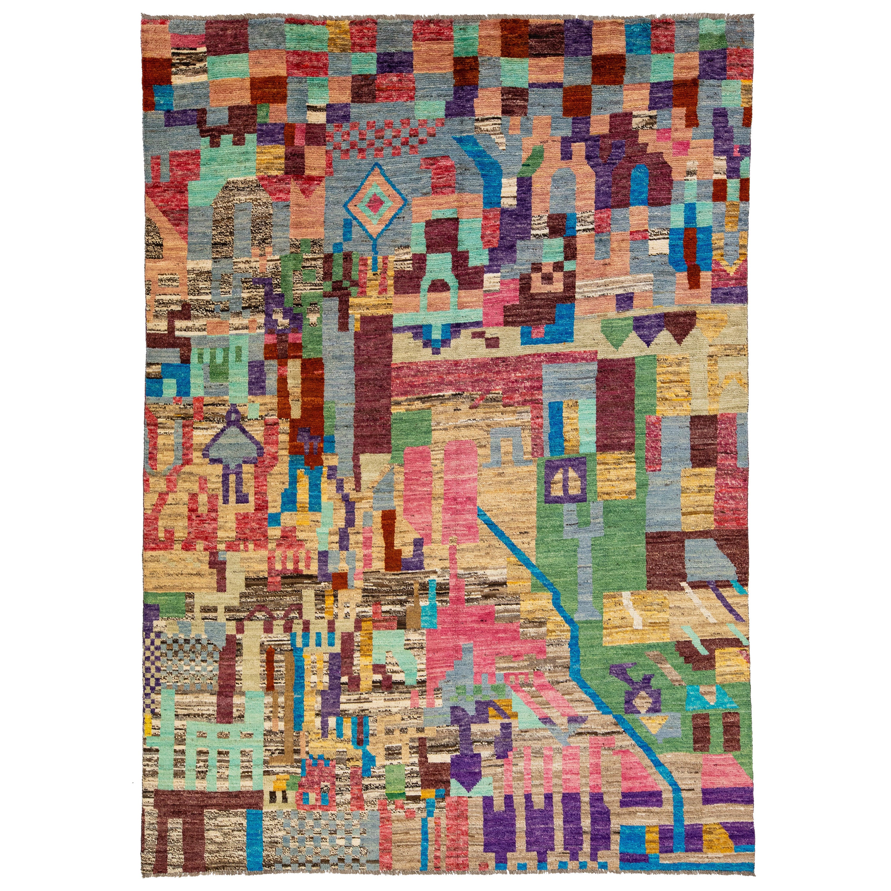 Tapis moderne et abstrait de style marocain en laine fait à la main en multicolore
