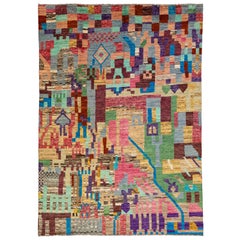 Abstract Modern Moroccan Style Wool Rug Handmade In Multicolor