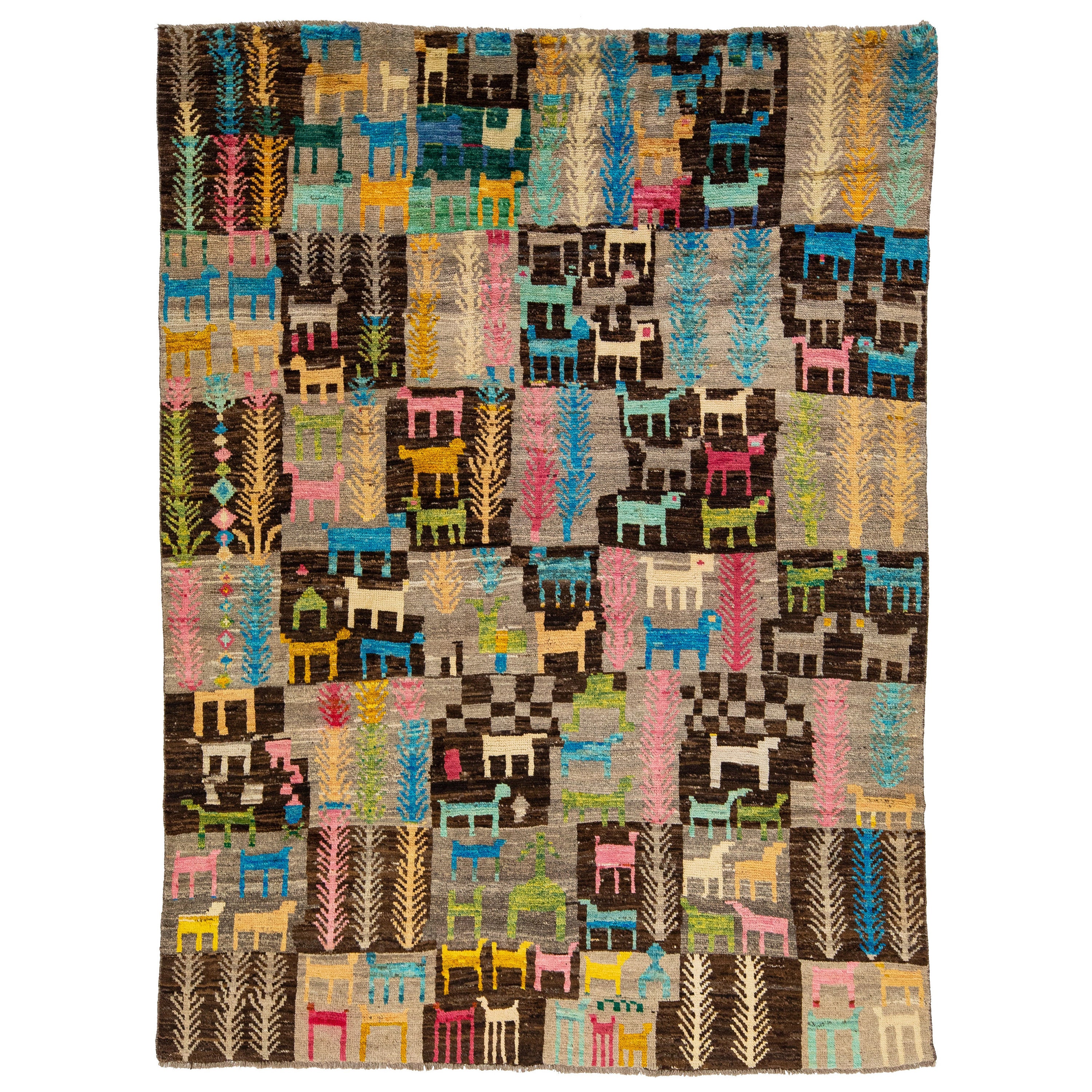Handmade Modern Moroccan Style Brown Wool Rug With Pictorial Design
