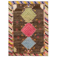 Room Size Modern Moroccan Style Brown Wool Rug With Tribal Design (Tapis en laine marron à motifs tribaux)