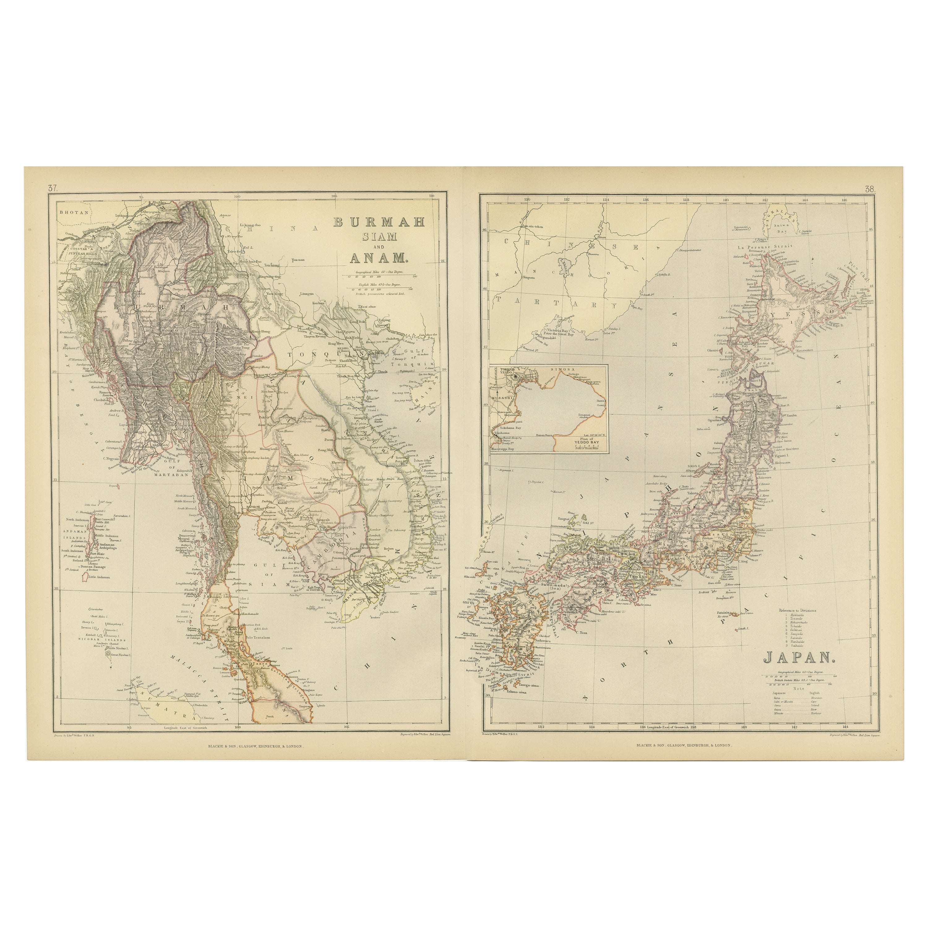Antique Map Depicting Burma, Siam, Annam (Vietnam) and Japan, 1882 For Sale