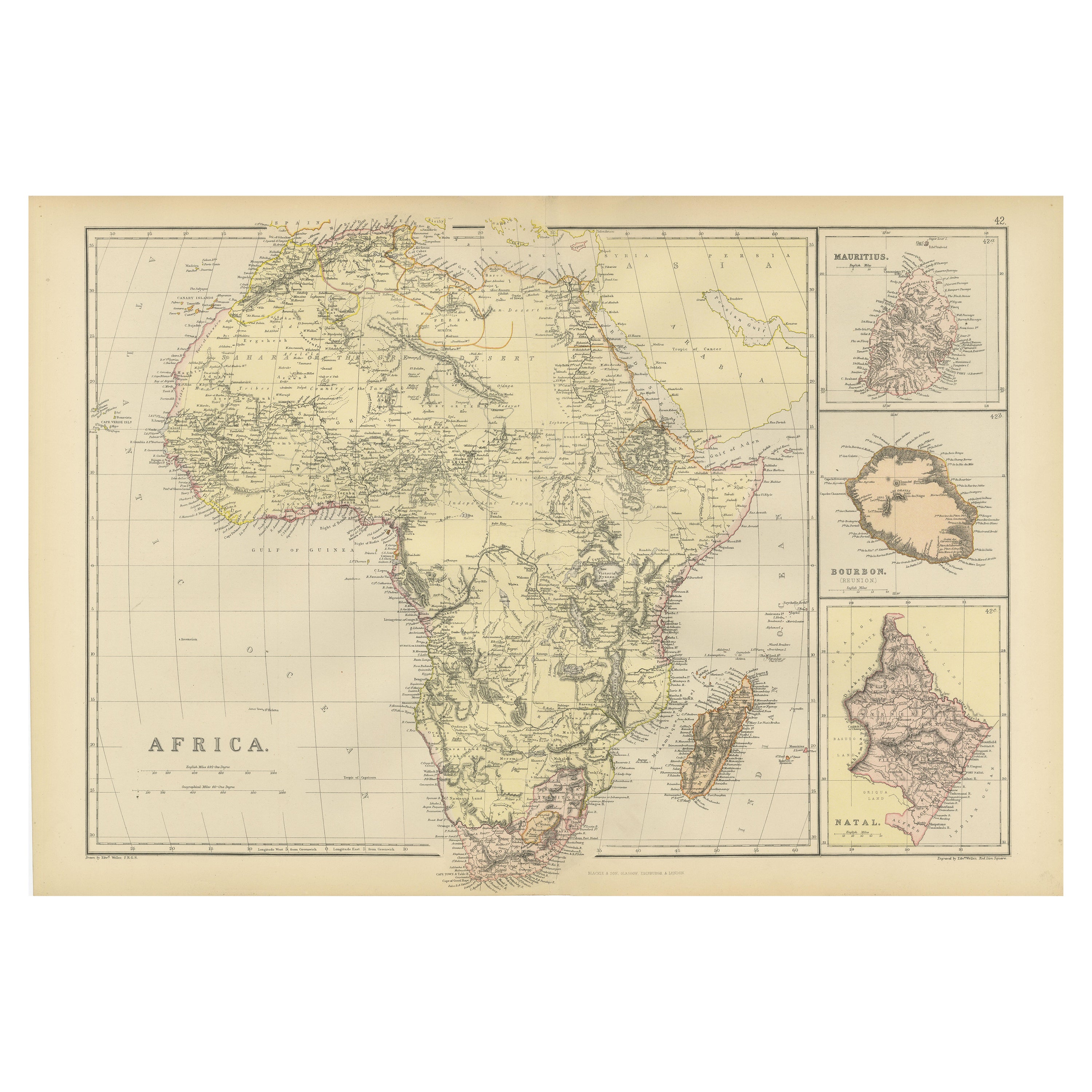Antike alte Afrikanische Karte mit Intarsien von Mauritius, Reunion und Natal, 1882