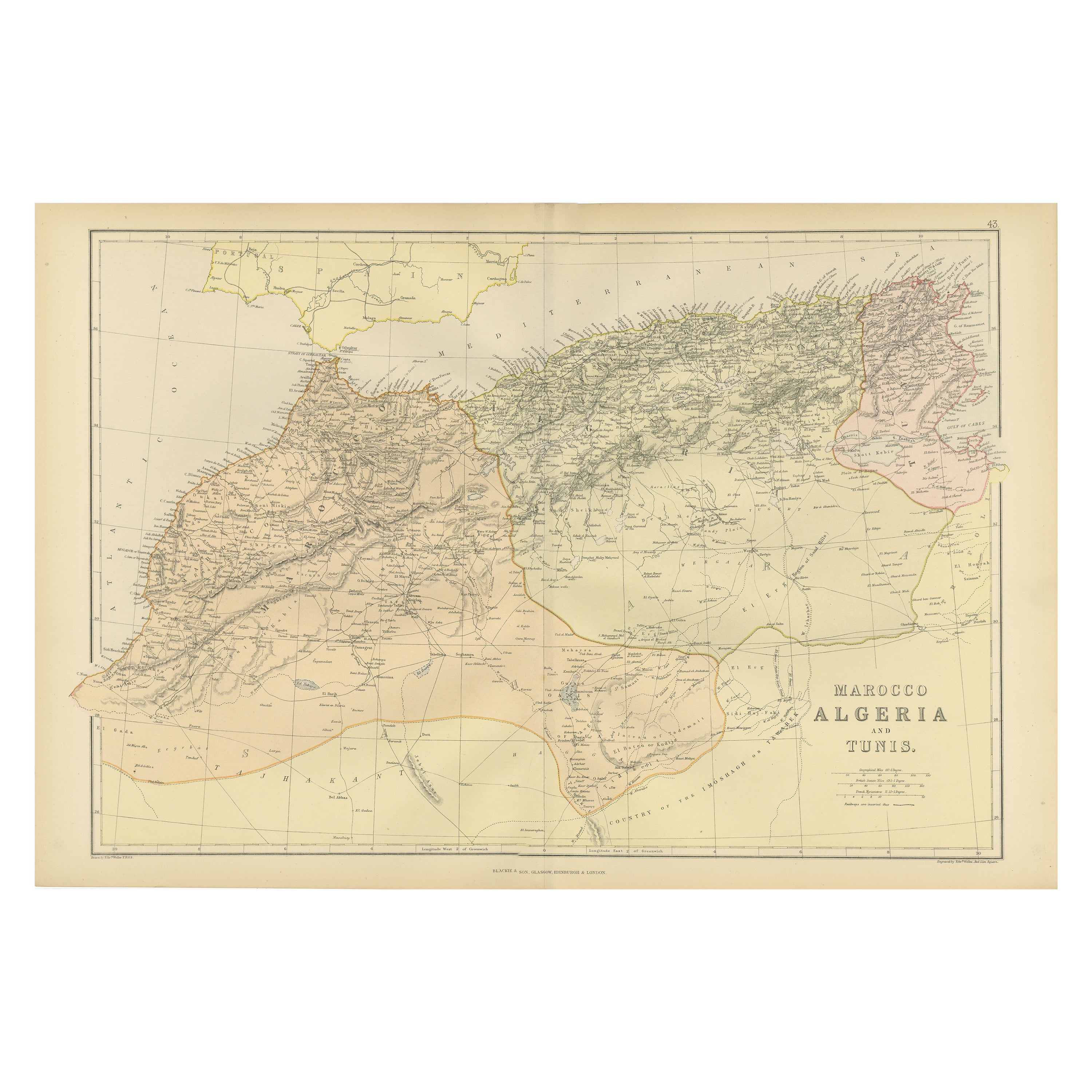 Antique Decorative Coloured Map Marocco, Algeria and Tunis, 1882