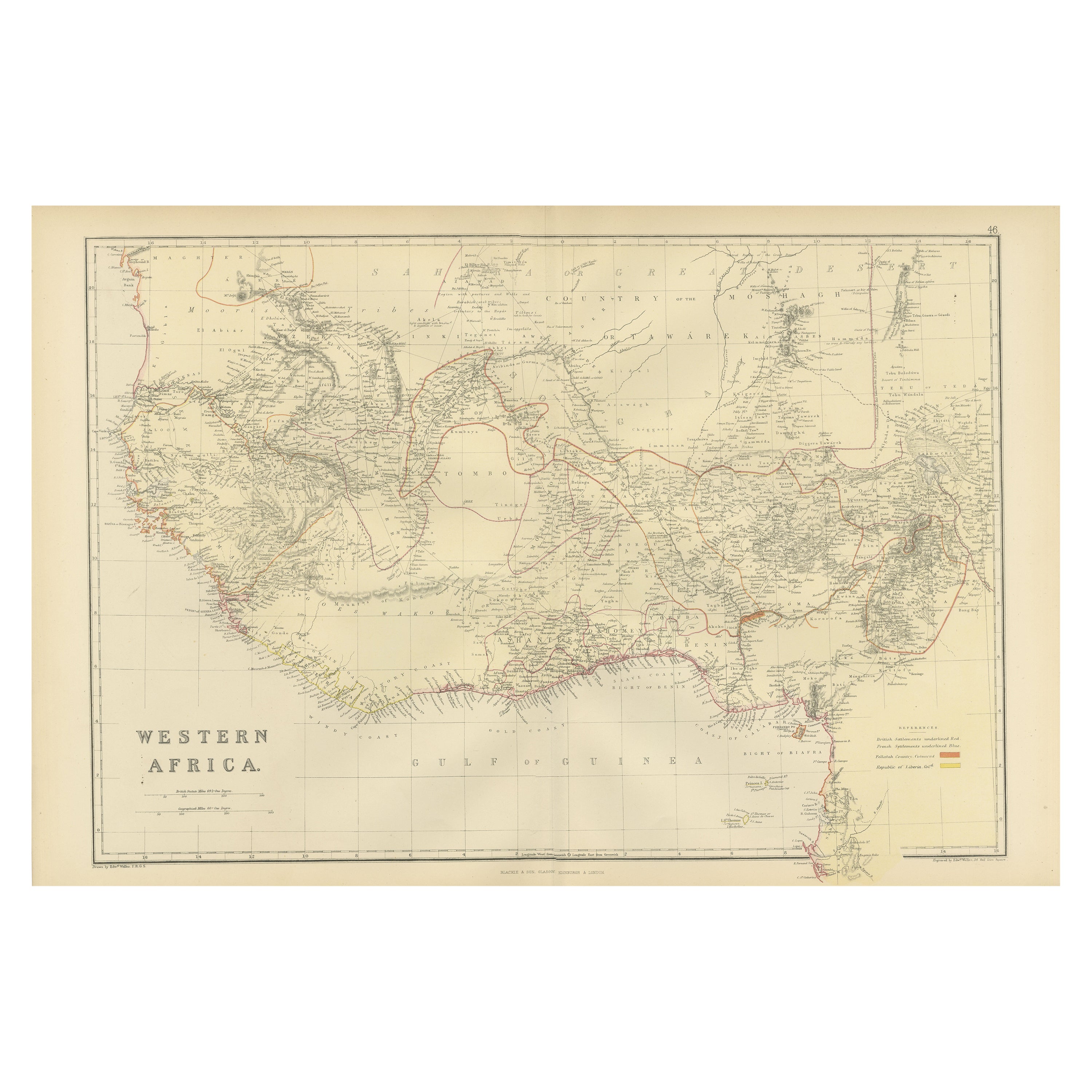 Original Antique Coloured Map of Western Africa, Published in 1882 For Sale