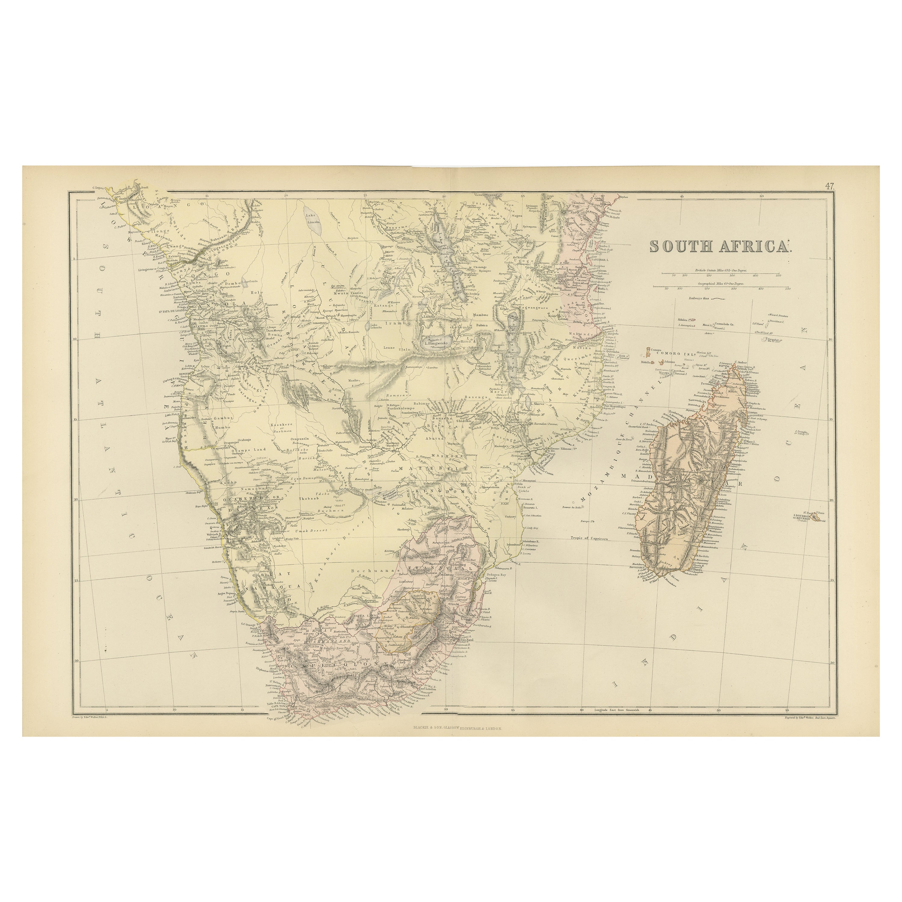 Antike dekorative farbige Karte von Südafrika und Madagaskar, 1882 im Angebot