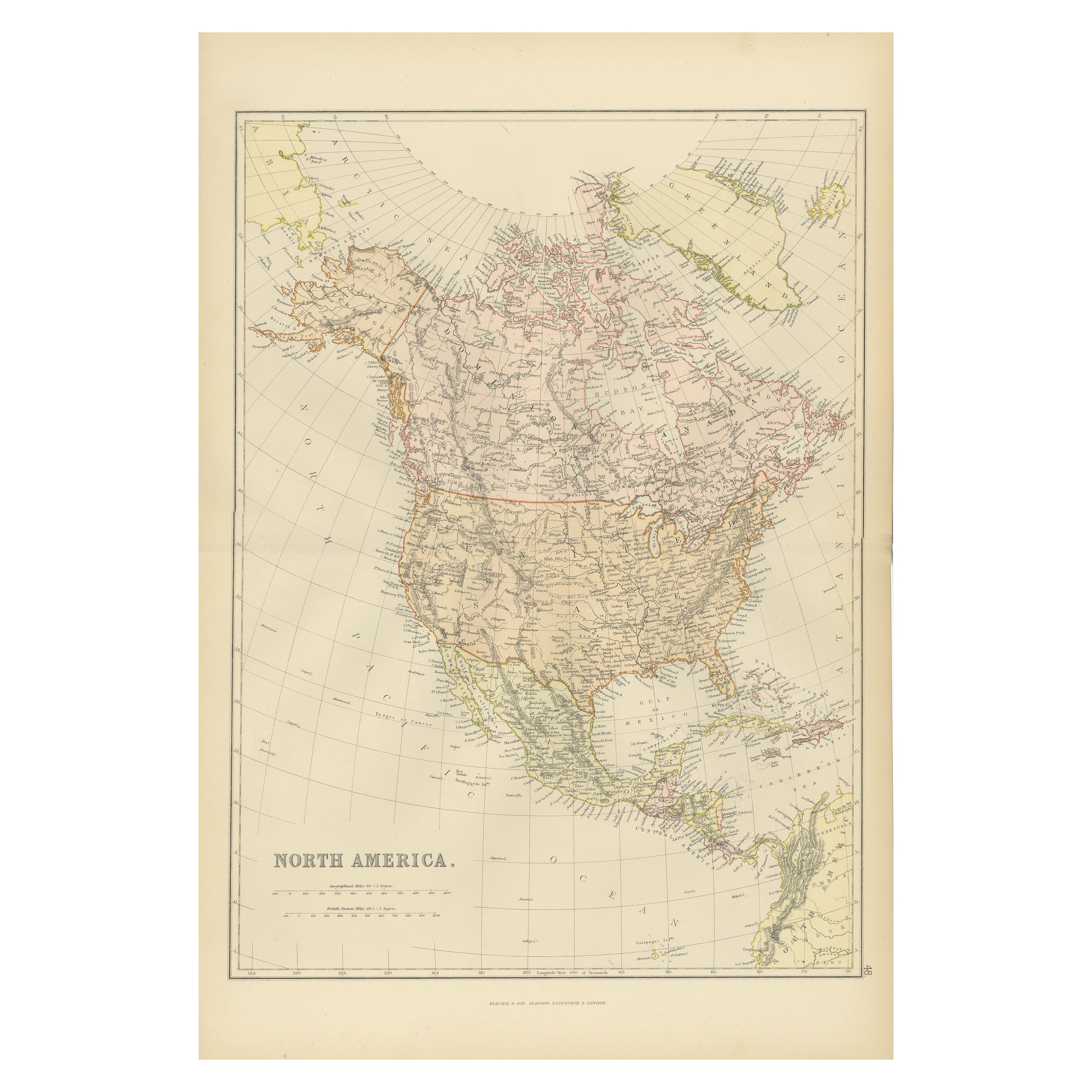 Antique Decorative Coloured Map of North America, 1882 For Sale