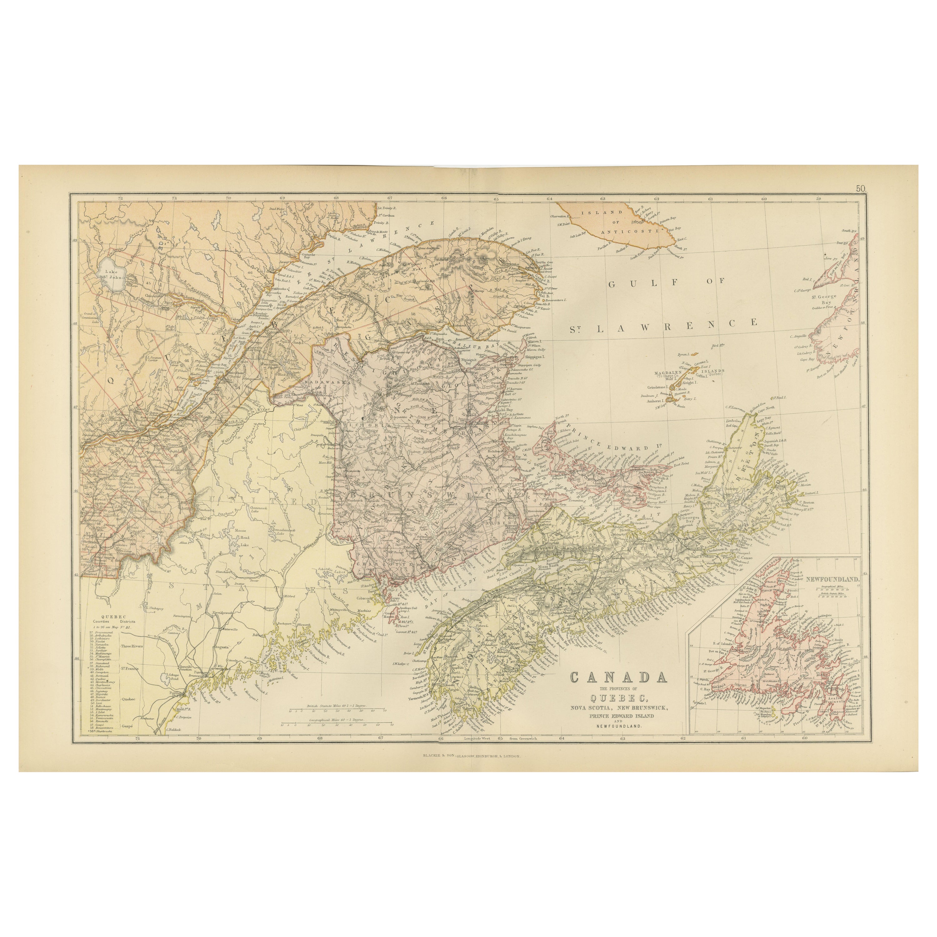 Dekorative antike Karte des östlichen Kanadas, veröffentlicht 1882